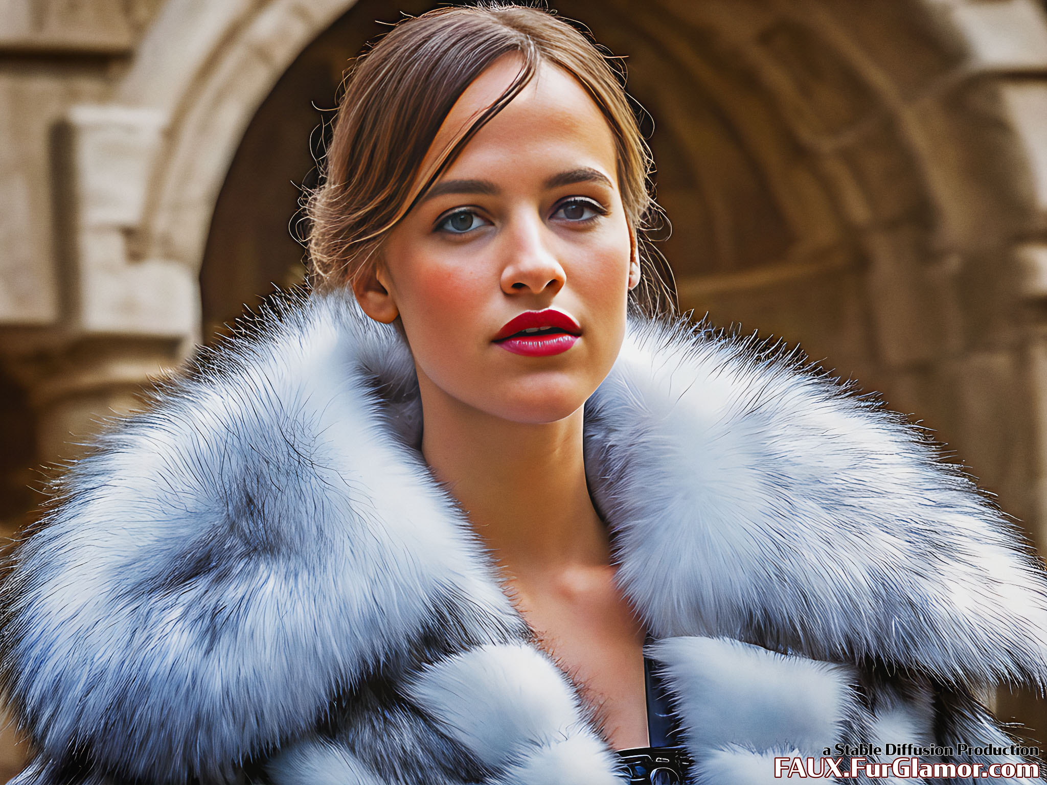 Stable Diffusion Render of Alicia Vikander in a Fur Coat