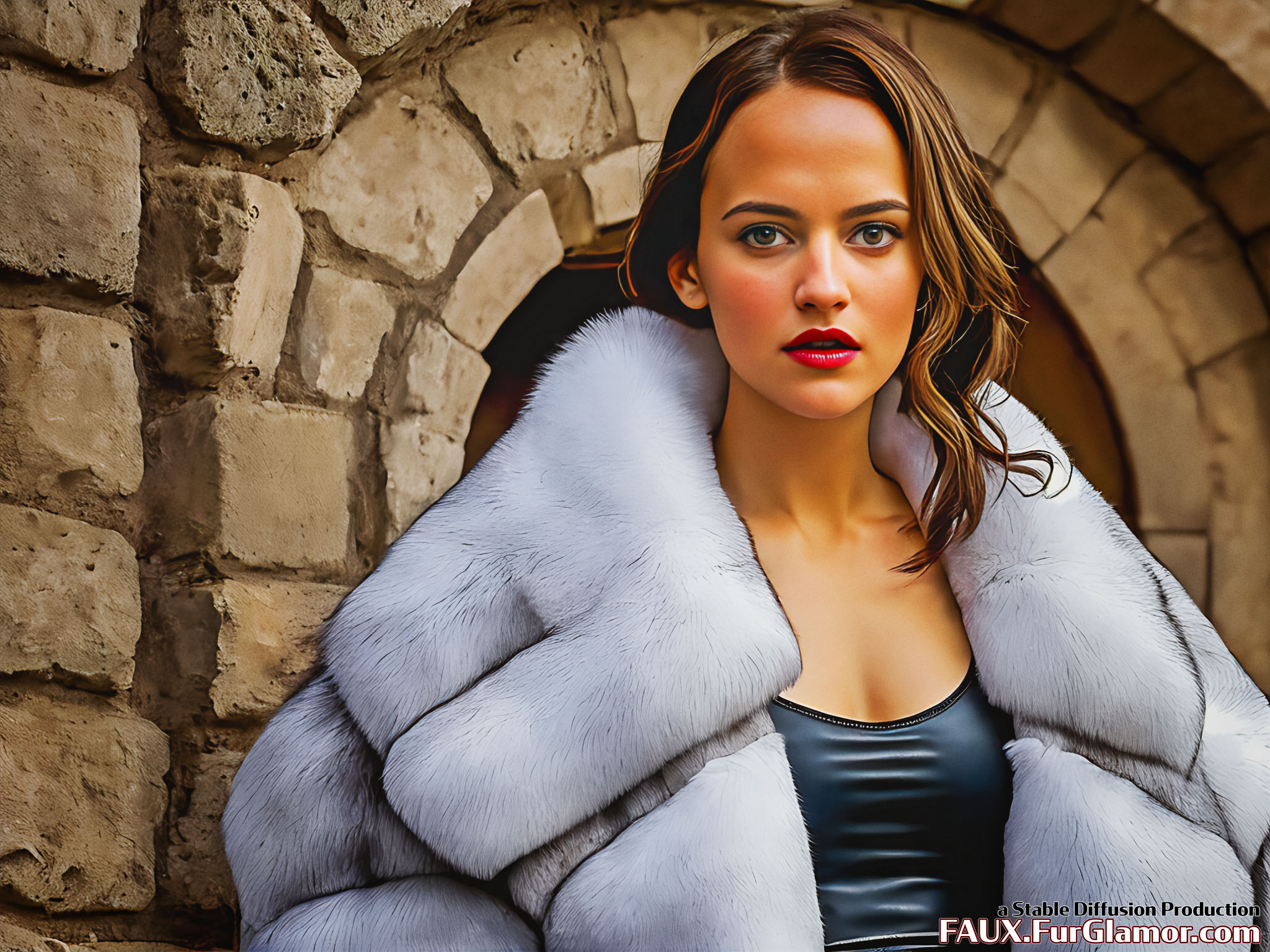 Stable Diffusion Render of Alicia Vikander in a Fur Coat