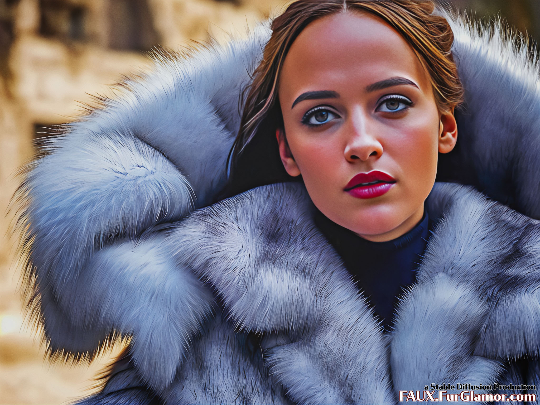 Stable Diffusion Render of Alicia Vikander in a Fur Coat