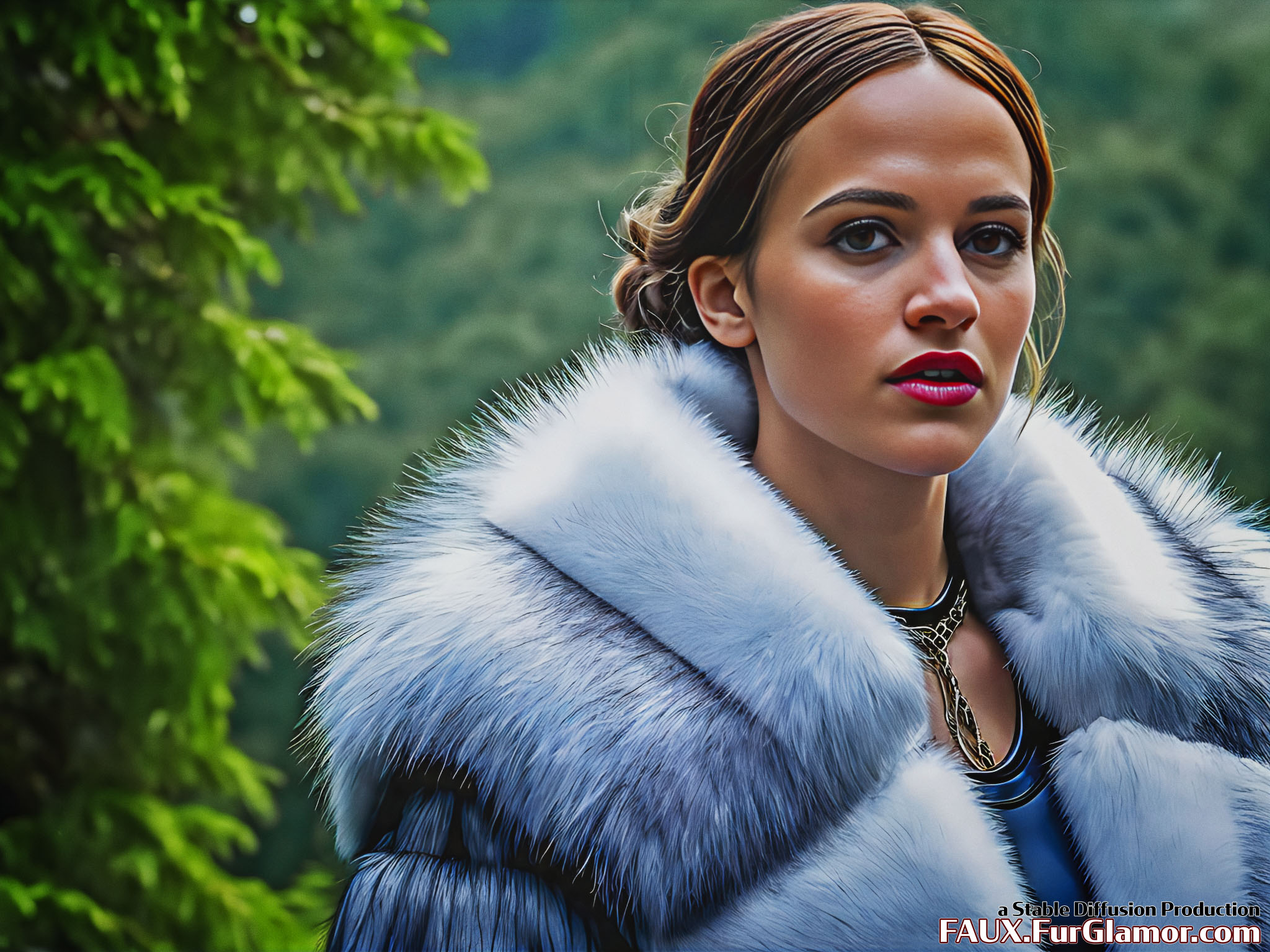 Stable Diffusion Render of Alicia Vikander in a Fur Coat