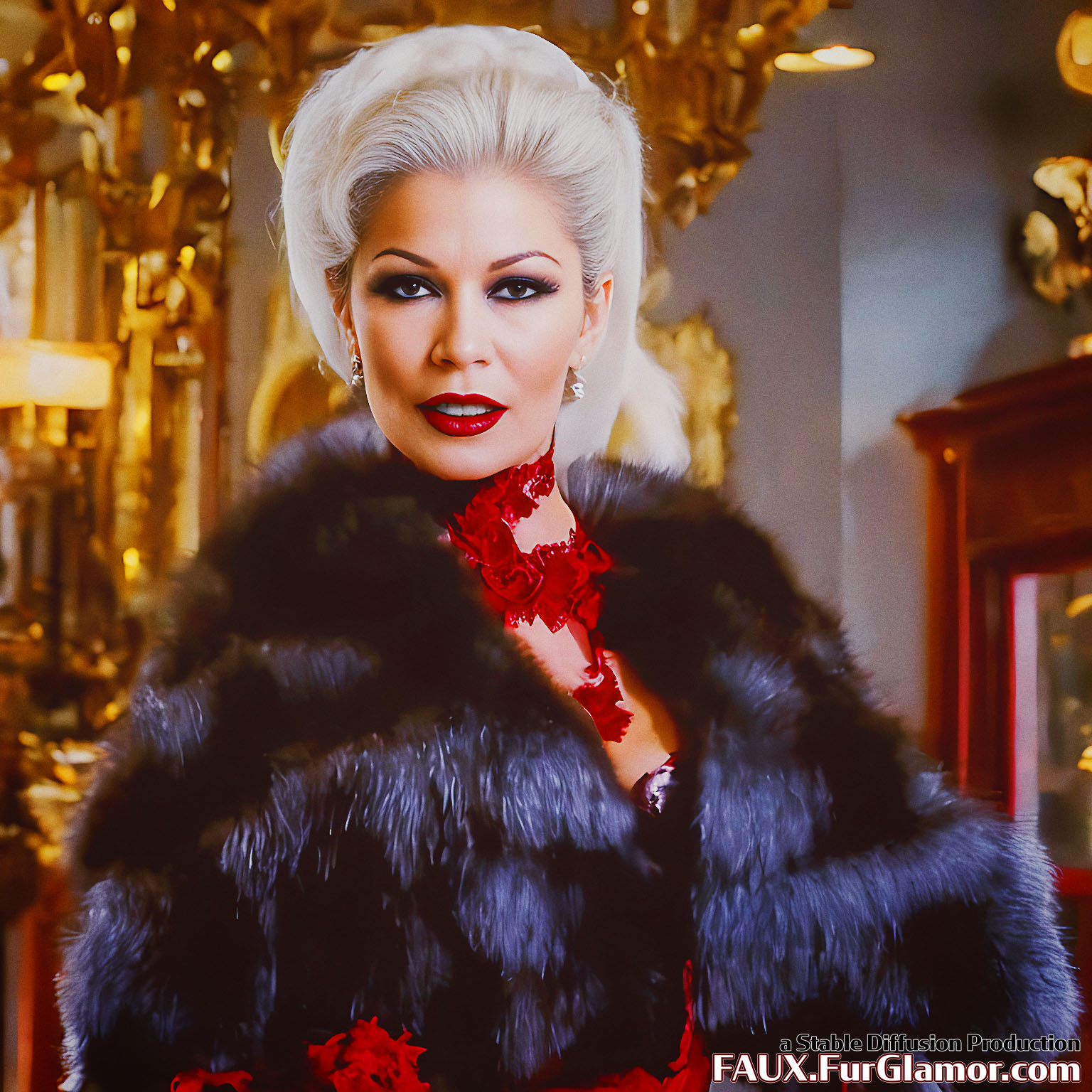 Stable Diffusion Render of Catherine Zeta-Jones in a Fur Coat