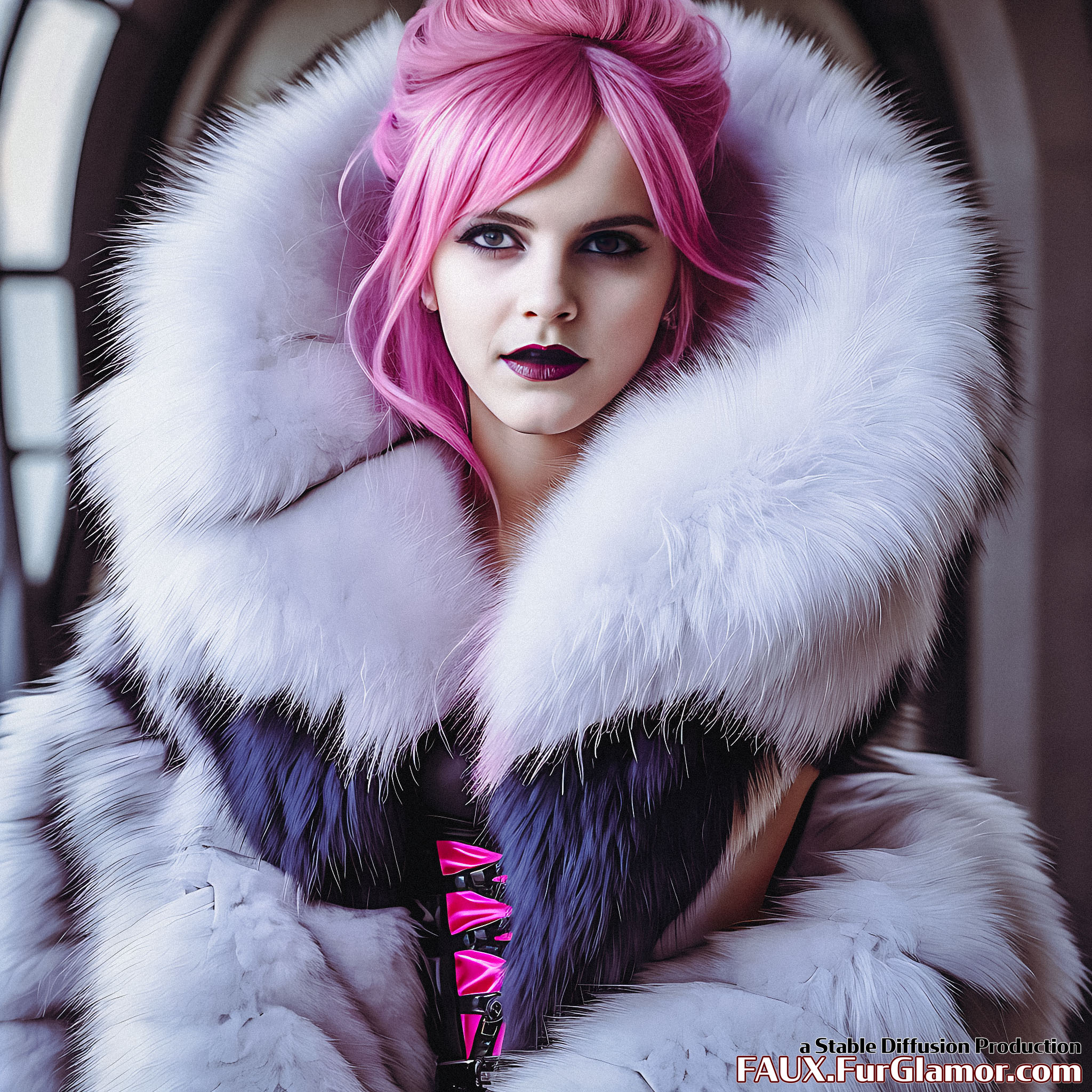 Stable Diffusion Render of Emma Watson in a Fur Coat