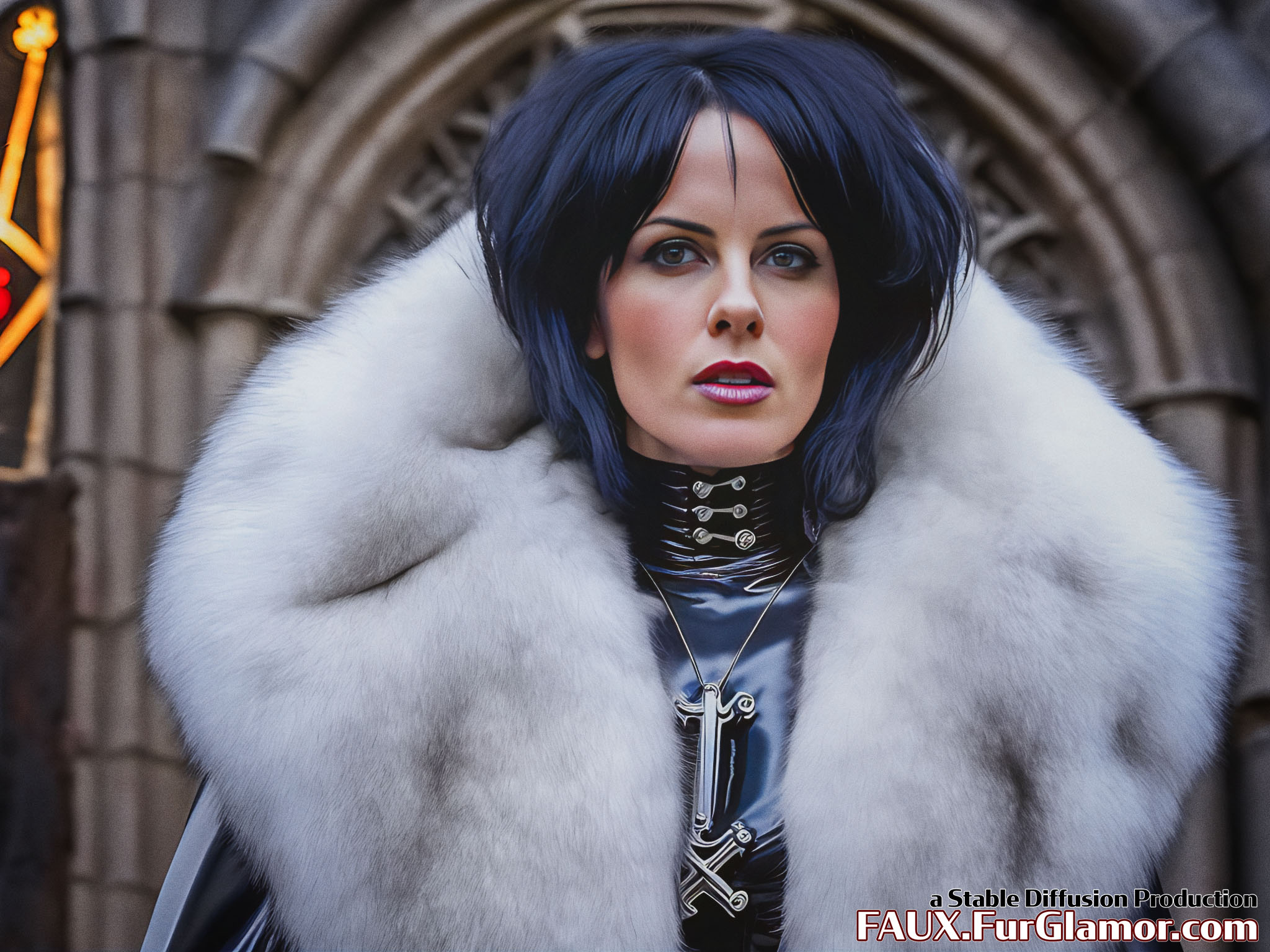 Stable Diffusion Render of Kate Beckinsale in a Fur Coat