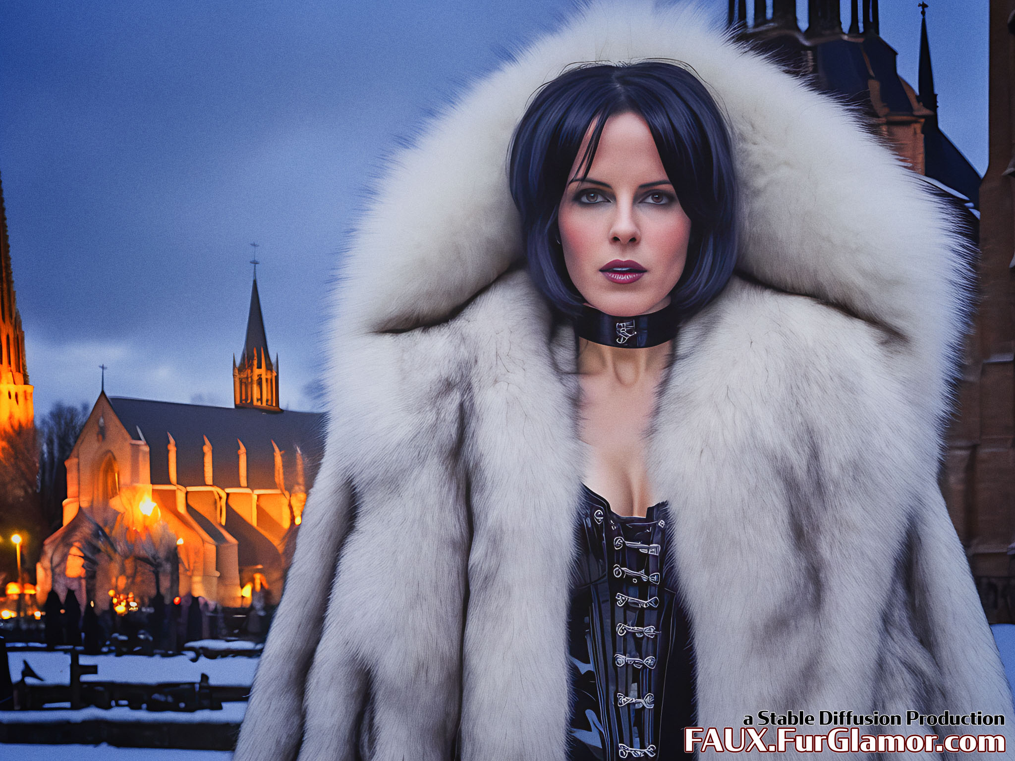 Stable Diffusion Render of Kate Beckinsale in a Fur Coat