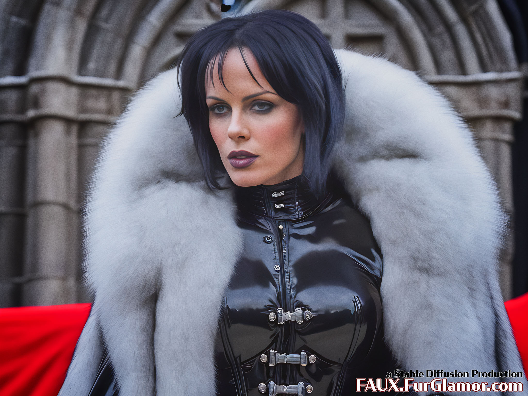 Stable Diffusion Render of Kate Beckinsale in a Fur Coat