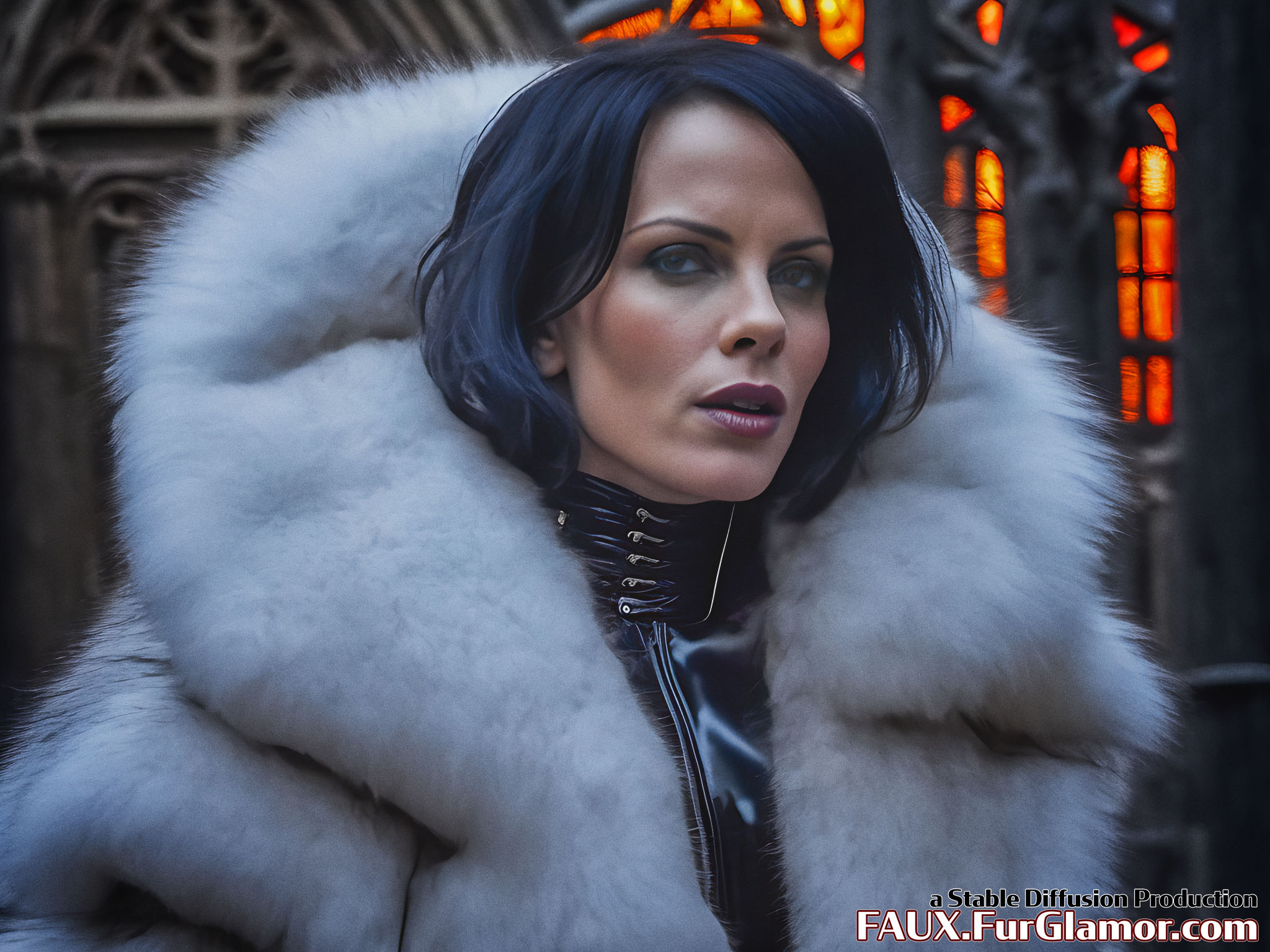 Stable Diffusion Render of Kate Beckinsale in a Fur Coat