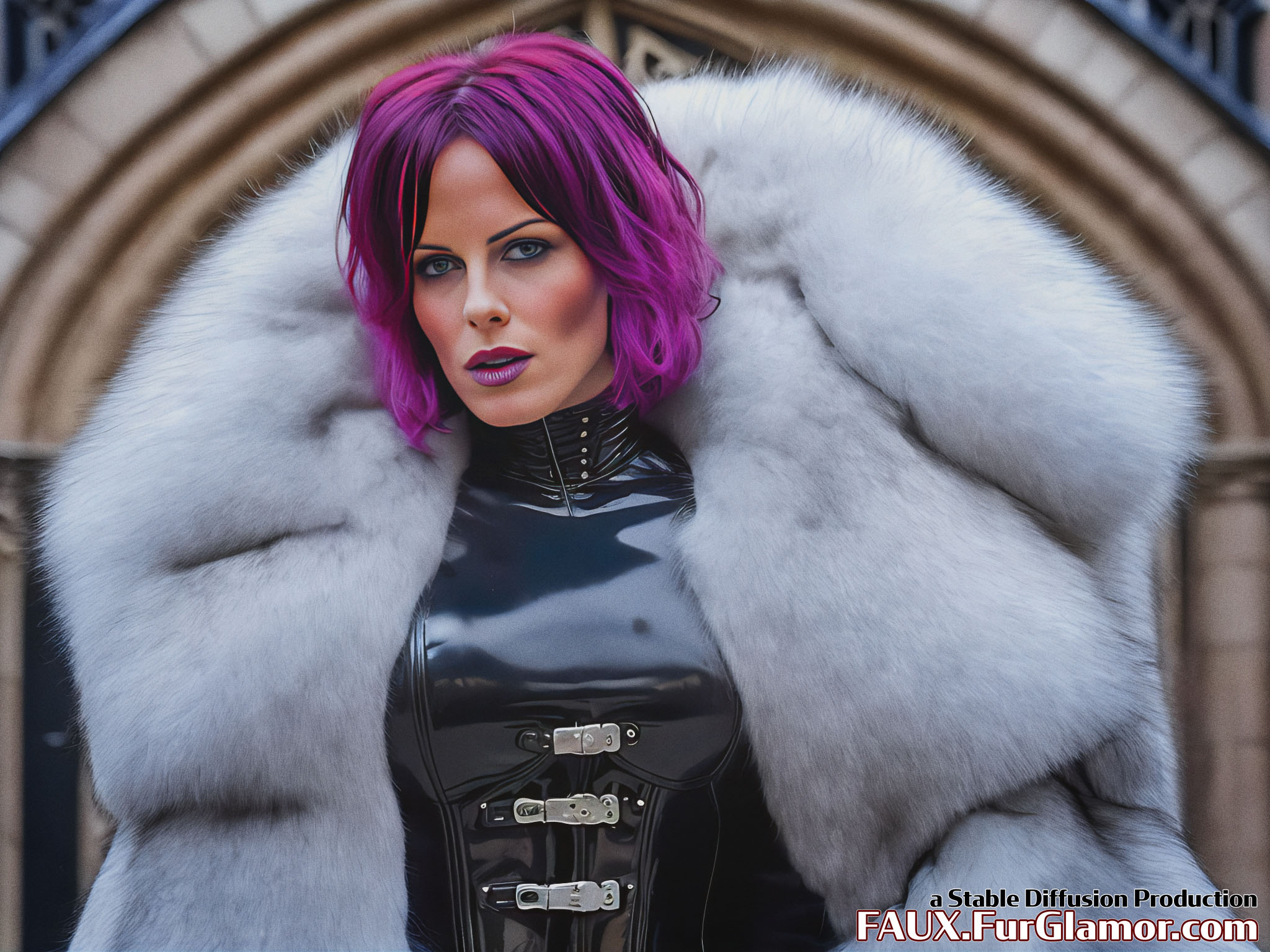 Stable Diffusion Render of Kate Beckinsale in a Fur Coat