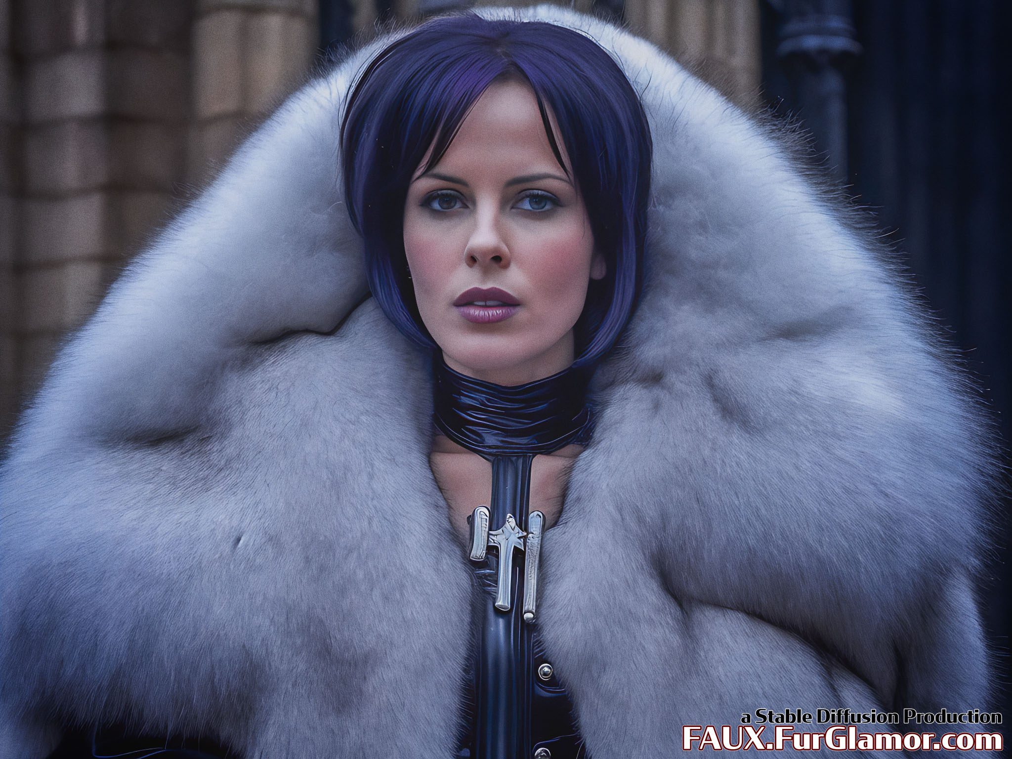 Stable Diffusion Render of Kate Beckinsale in a Fur Coat