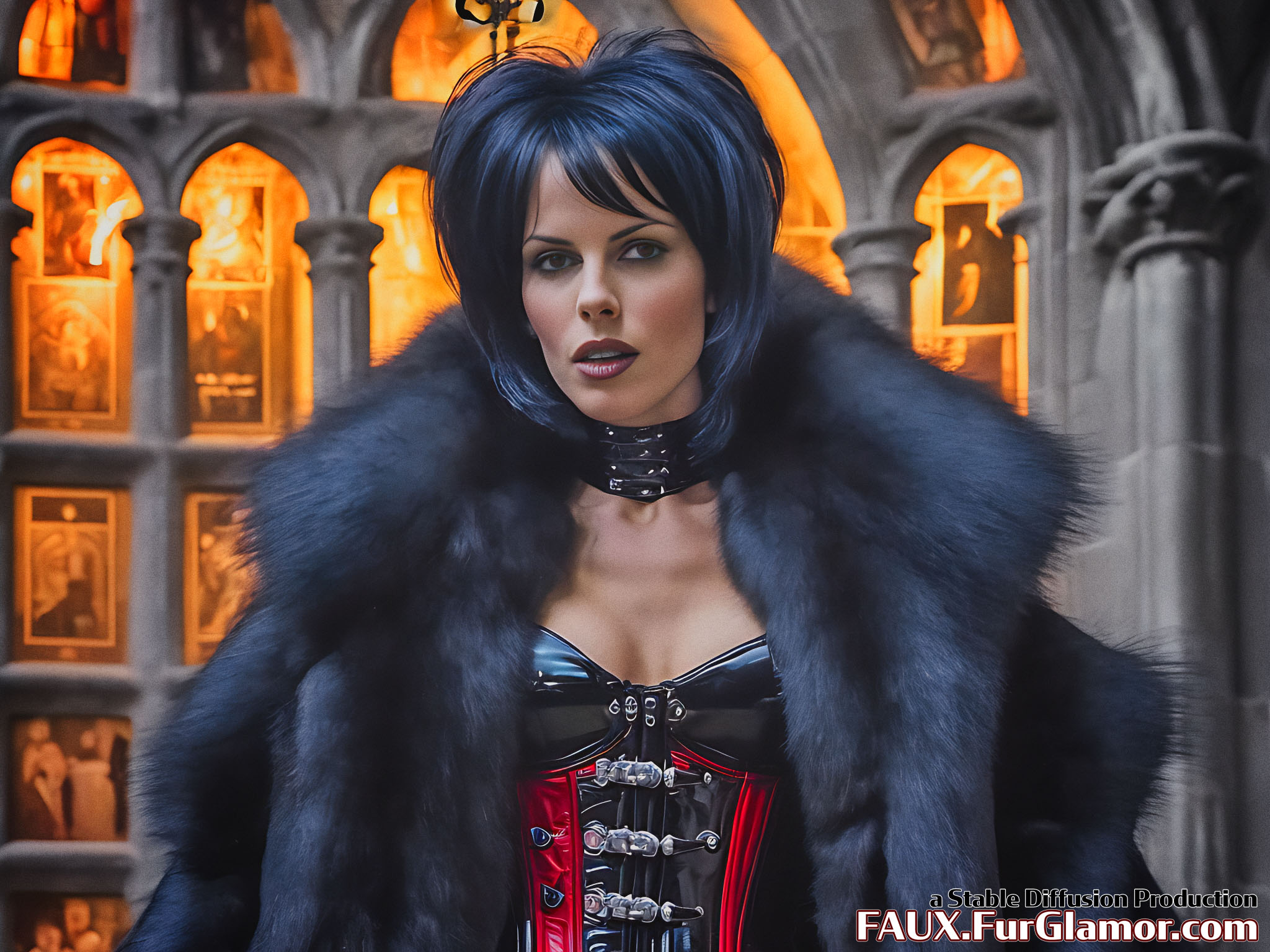 Stable Diffusion Render of Kate Beckinsale in a Fur Coat