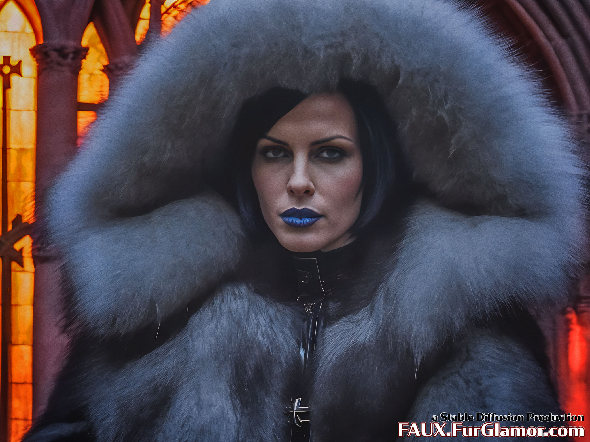 Stable Diffusion Render of Kate Beckinsale in a Fur Coat