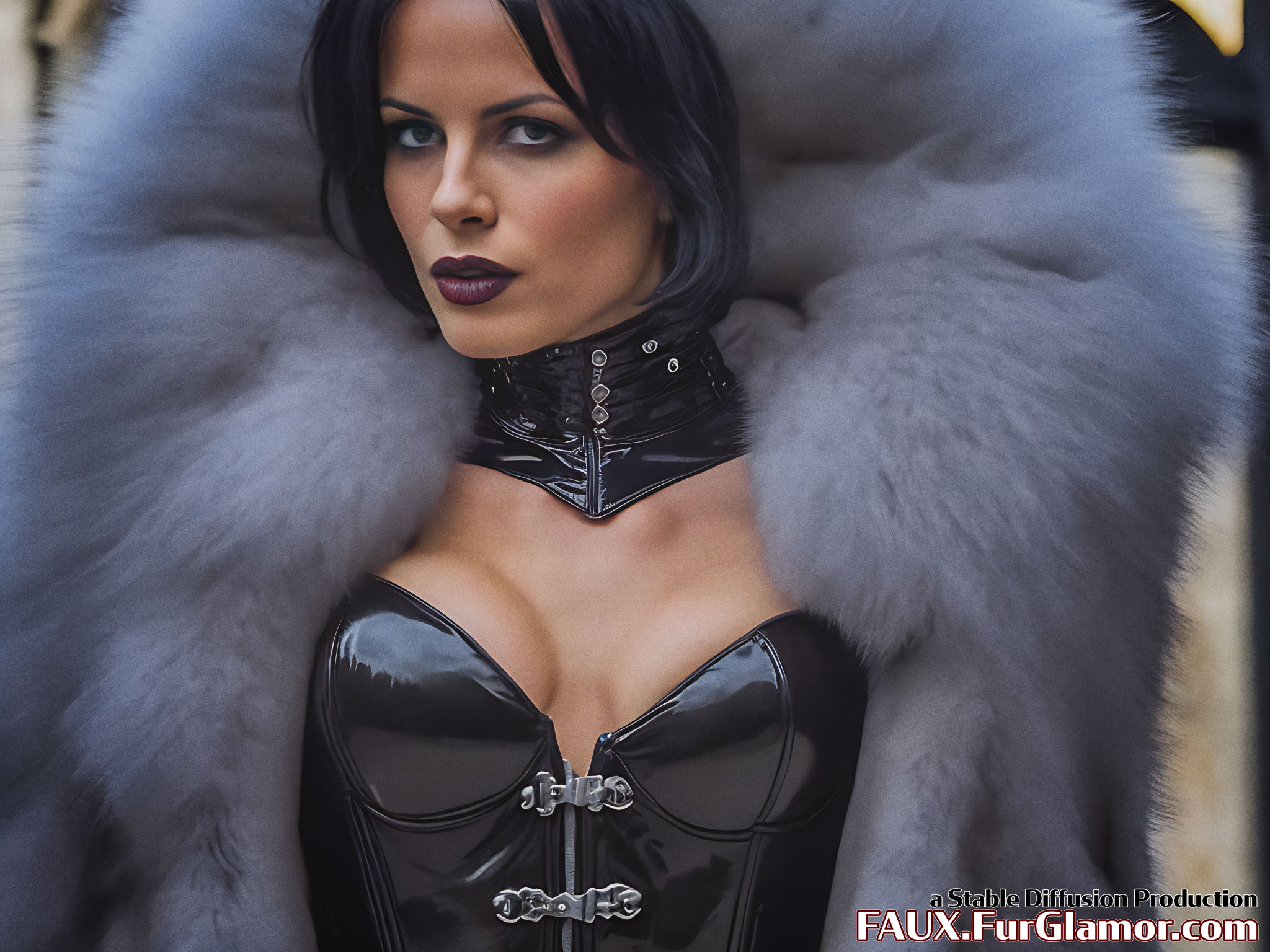 Stable Diffusion Render of Kate Beckinsale in a Fur Coat