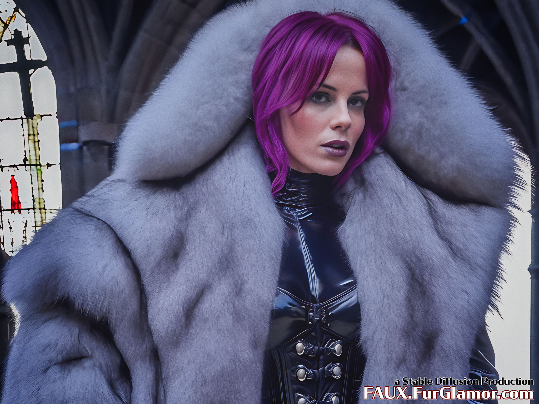 Stable Diffusion Render of Kate Beckinsale in a Fur Coat