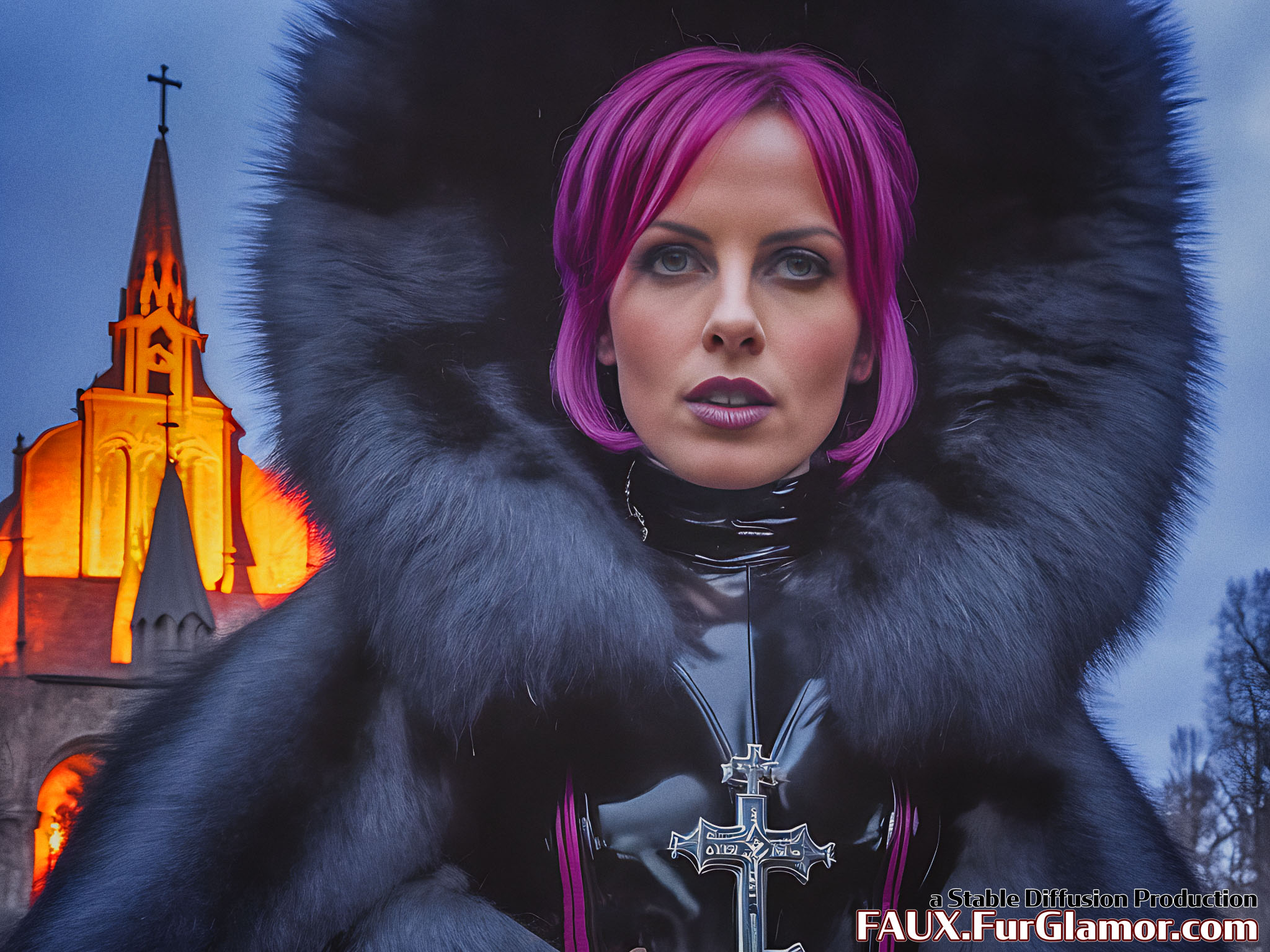 Stable Diffusion Render of Kate Beckinsale in a Fur Coat