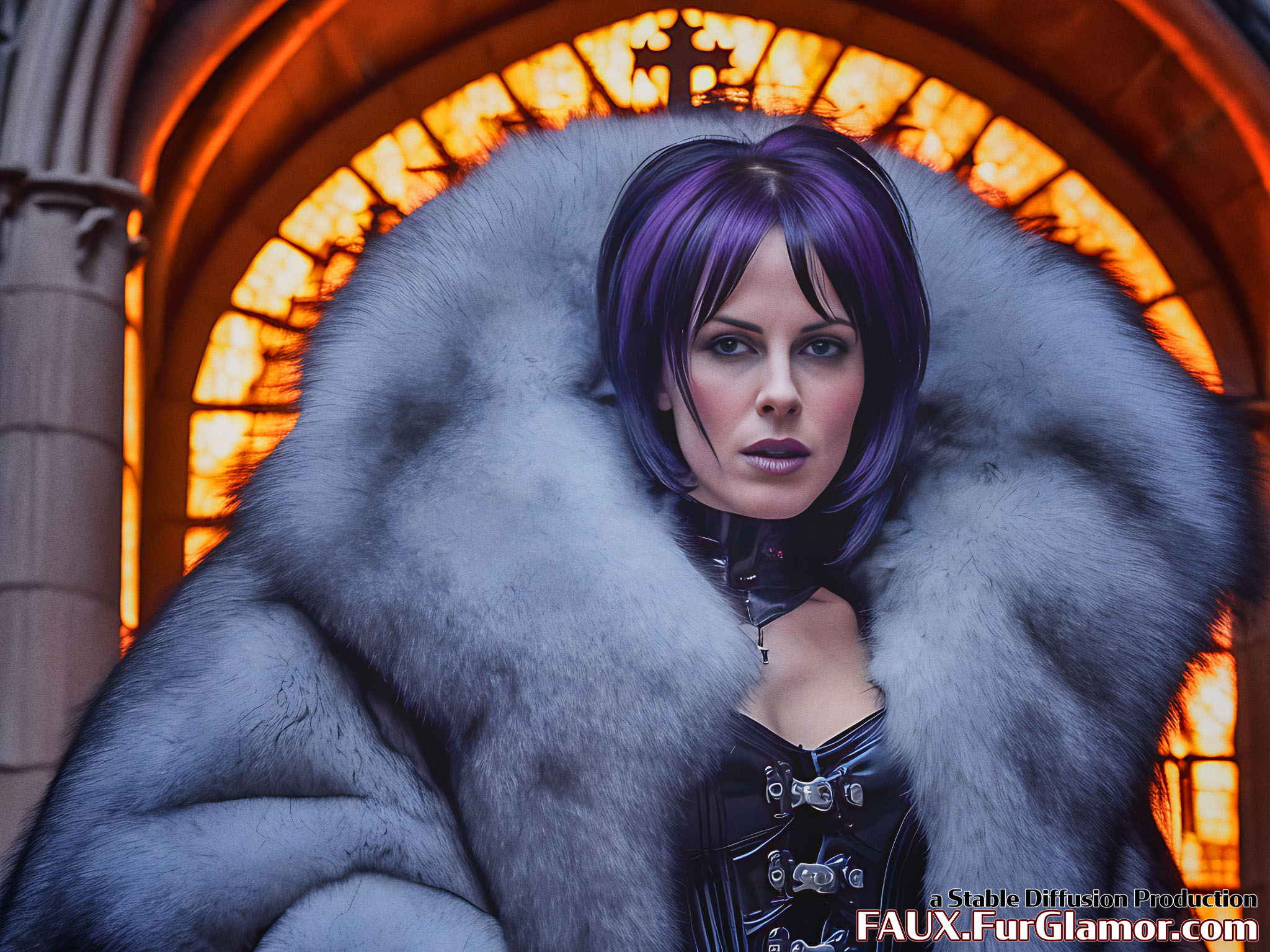 Stable Diffusion Render of Kate Beckinsale in a Fur Coat