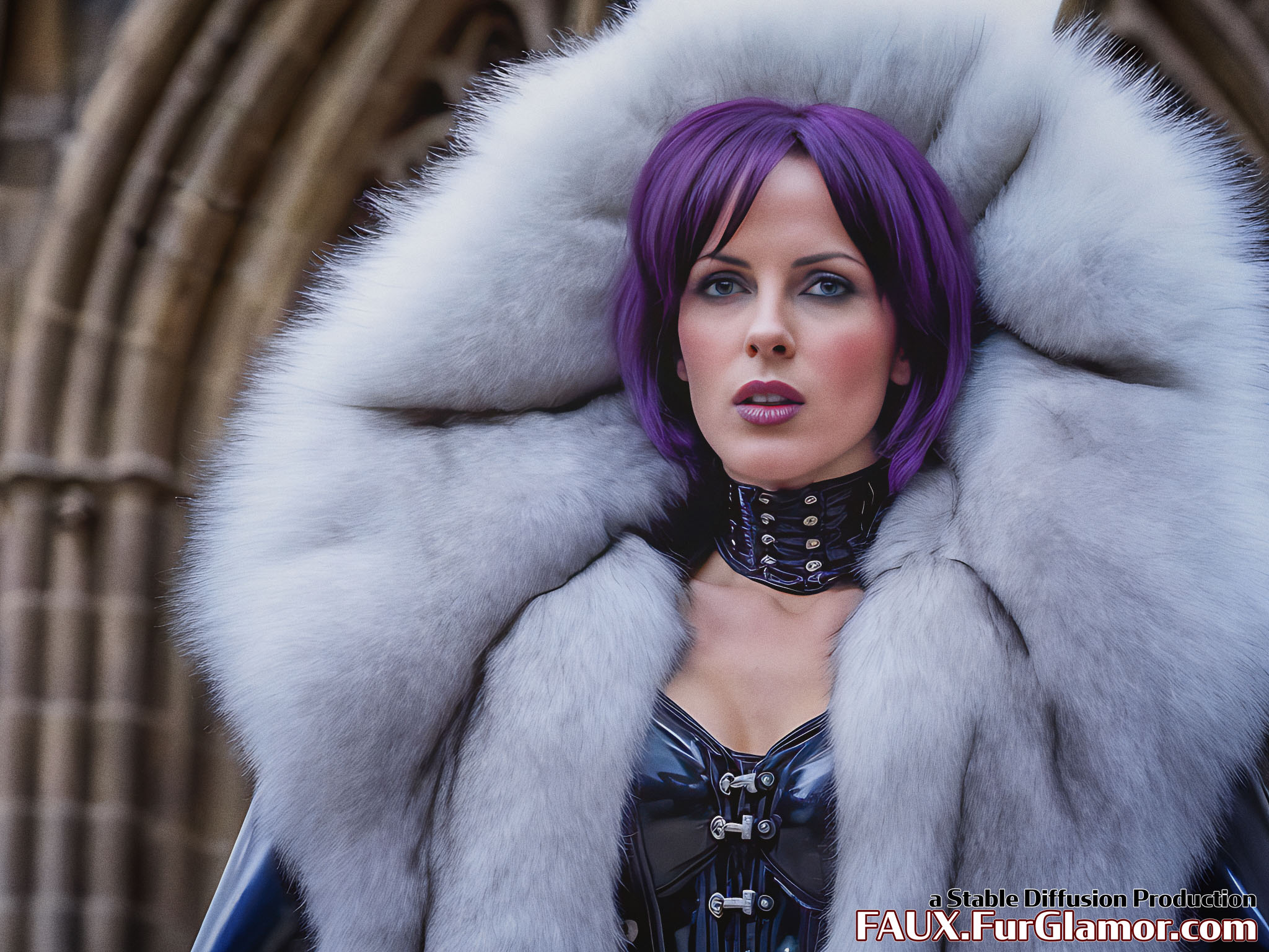 Stable Diffusion Render of Kate Beckinsale in a Fur Coat