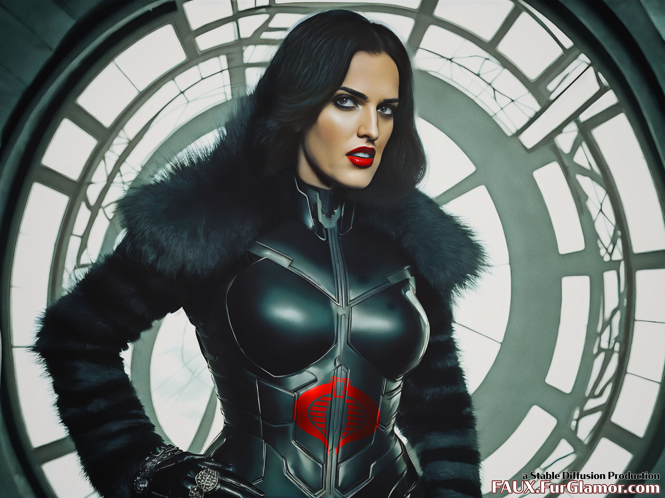 Stable Diffusion Render of Katie McGrath as the Baroness wearing a Fur Coat