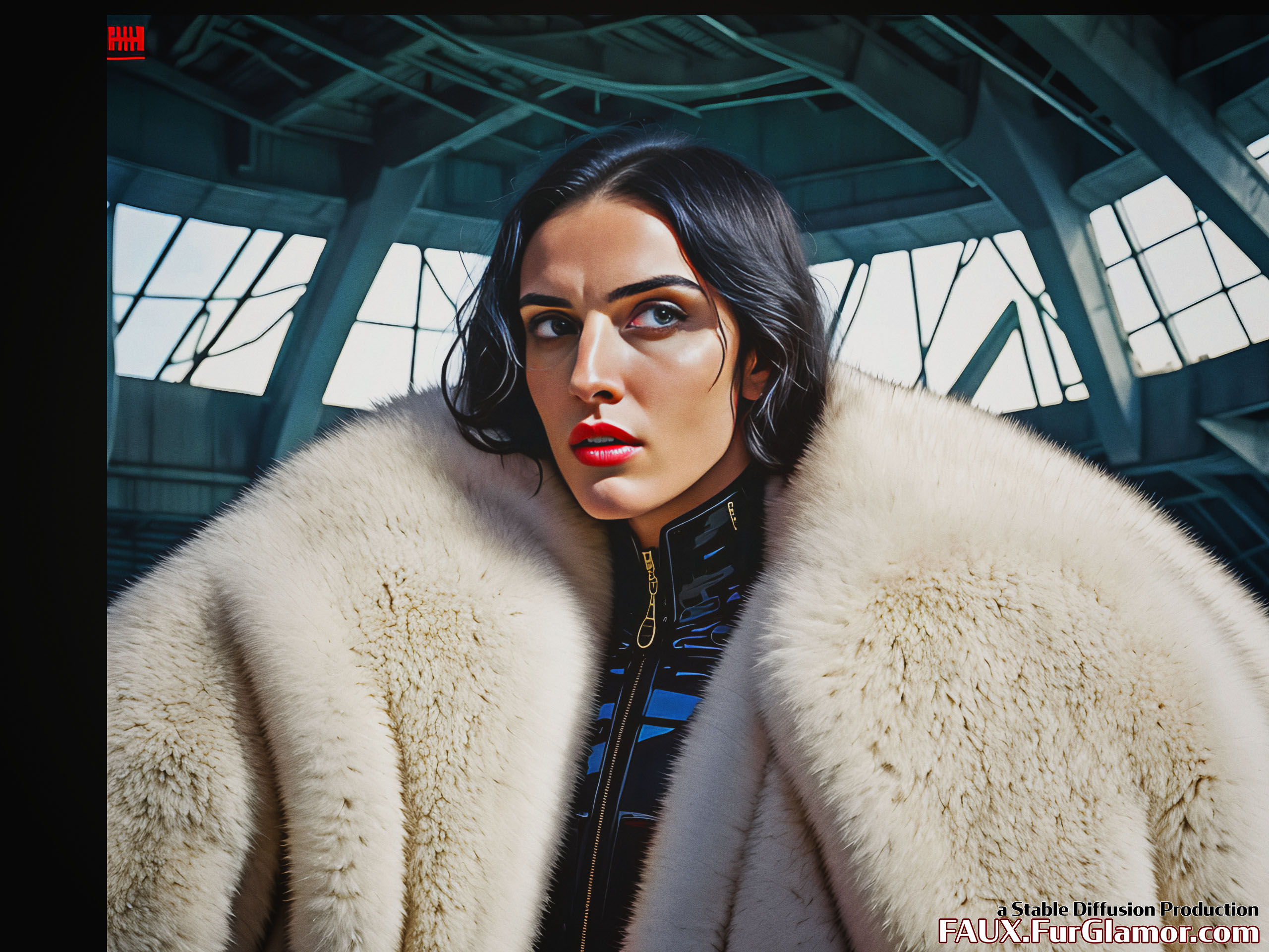 Stable Diffusion Render of Katie McGrath as the Baroness wearing a Fur Coat