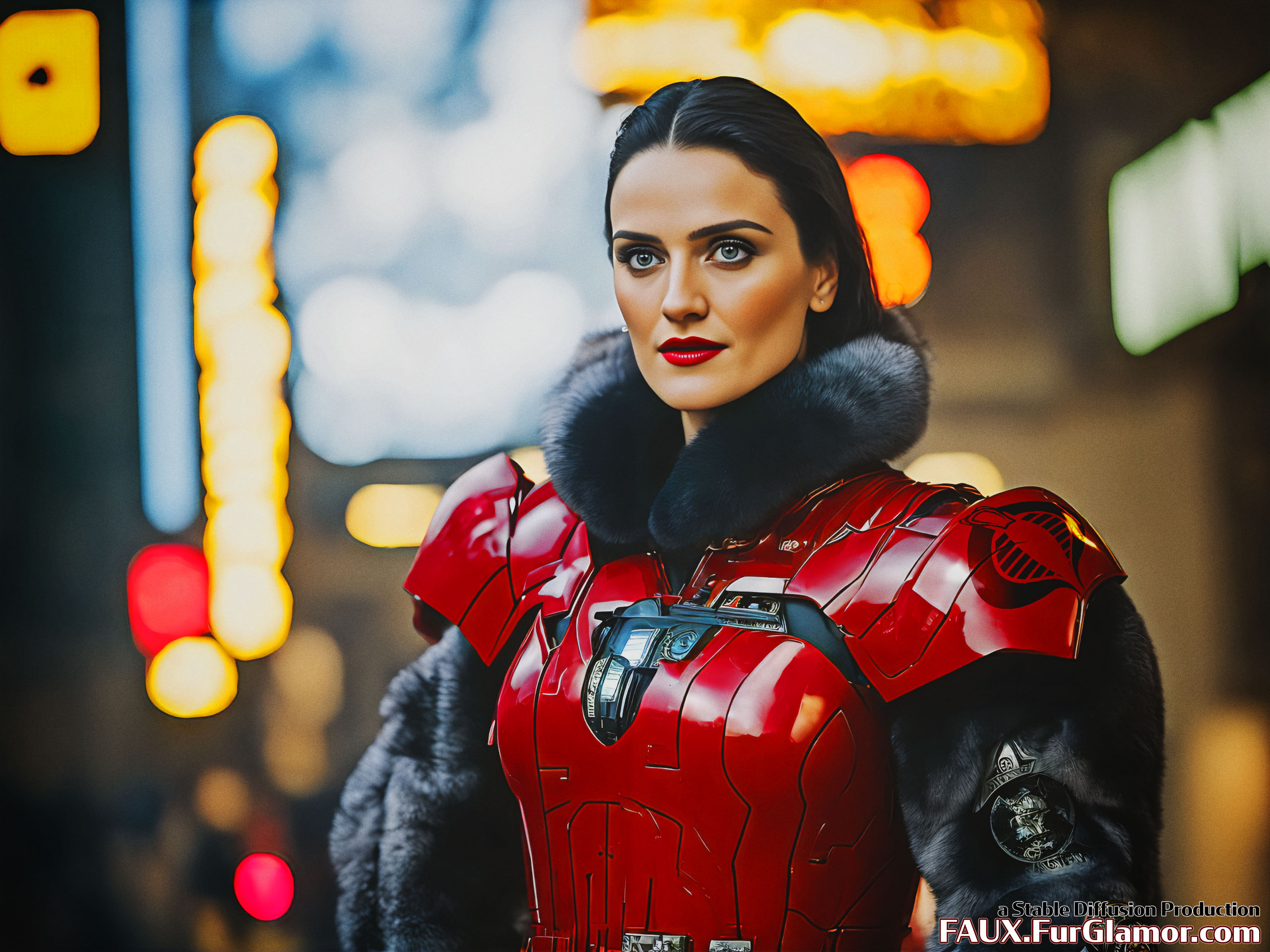 Stable Diffusion Render of Katie McGrath as the Baroness wearing a Fur Coat