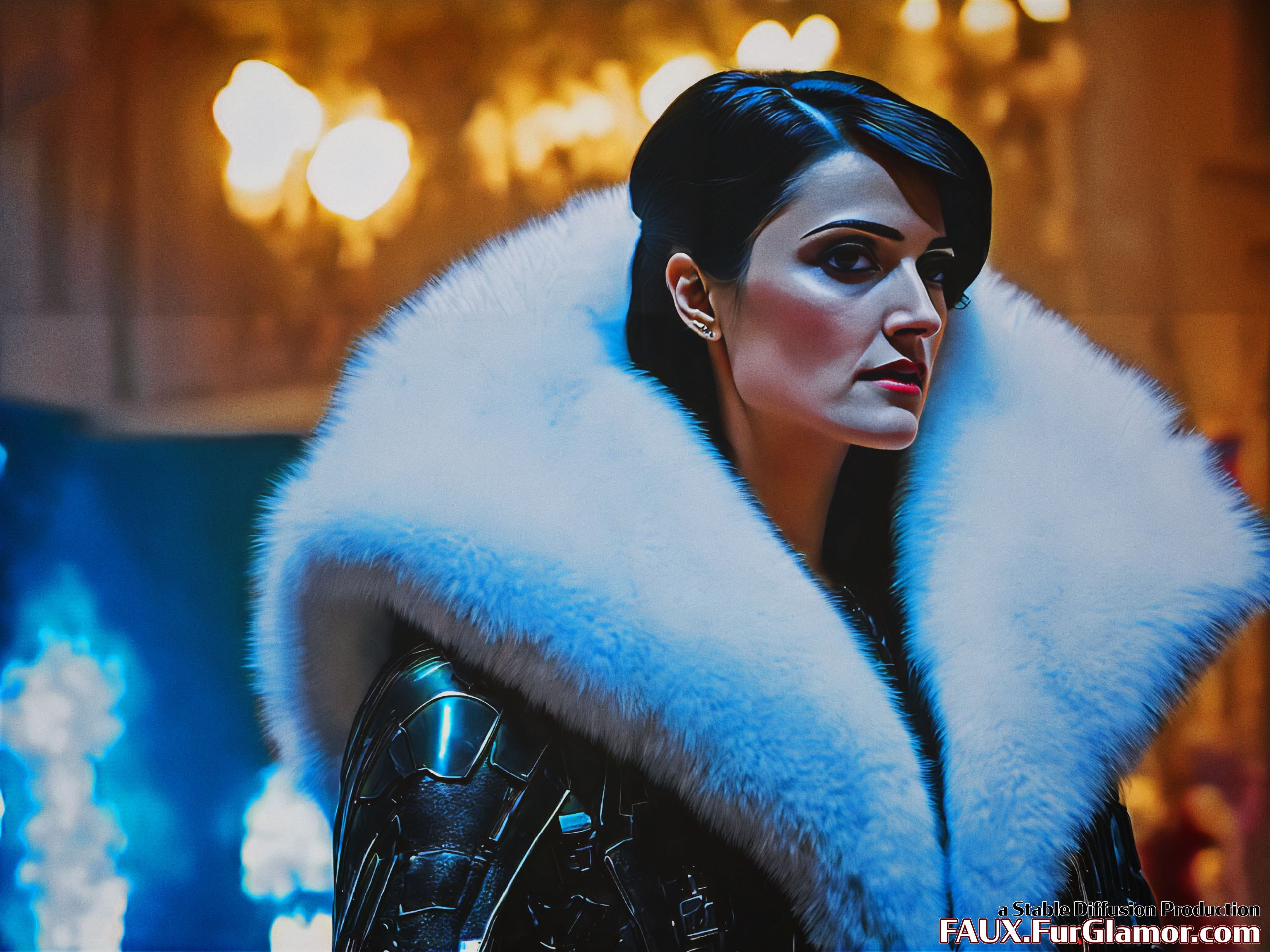 Stable Diffusion Render of Katie McGrath as the Baroness wearing a Fur Coat
