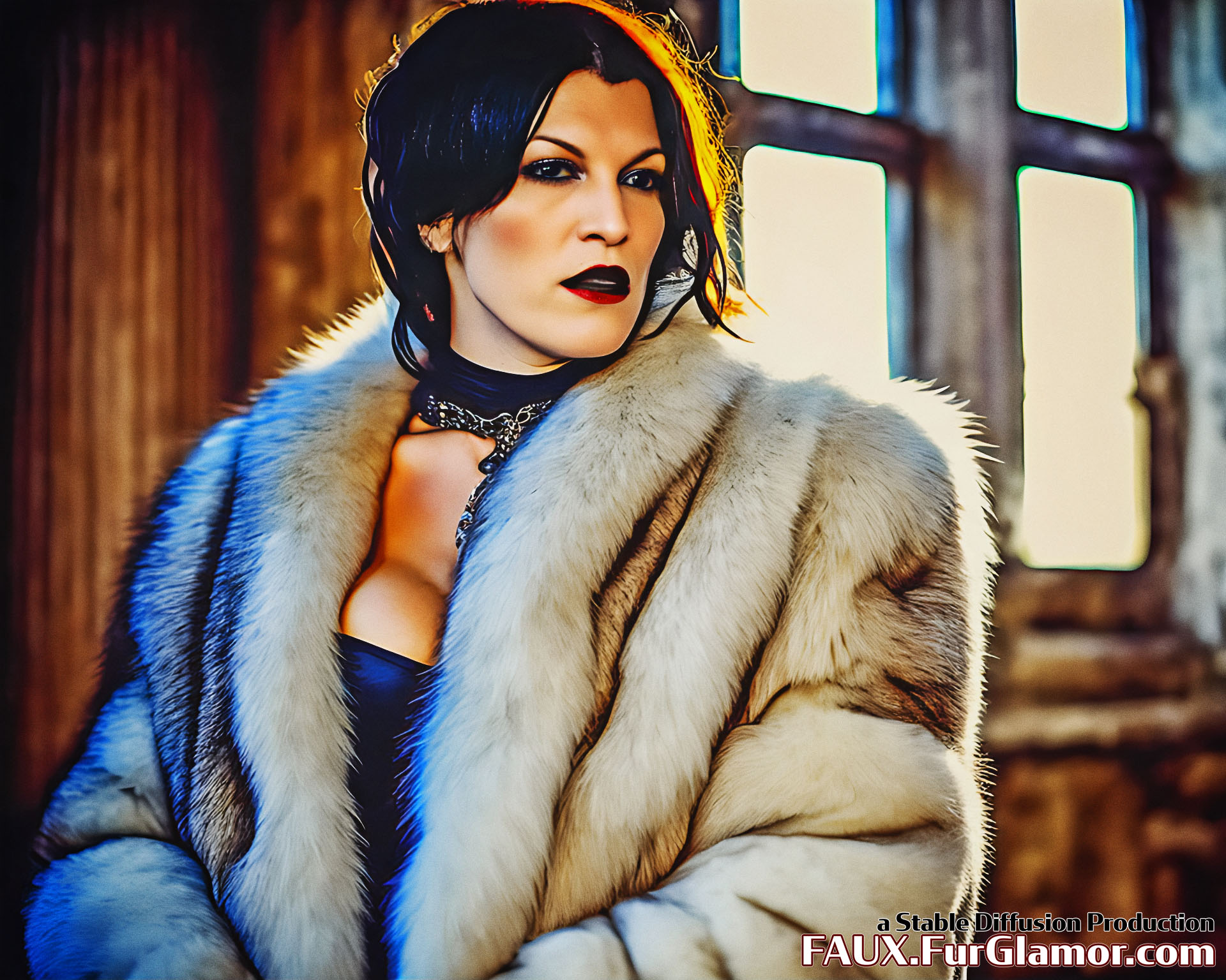 Stable Diffusion Render of Milla Jovovich Wearing a Fur Coat