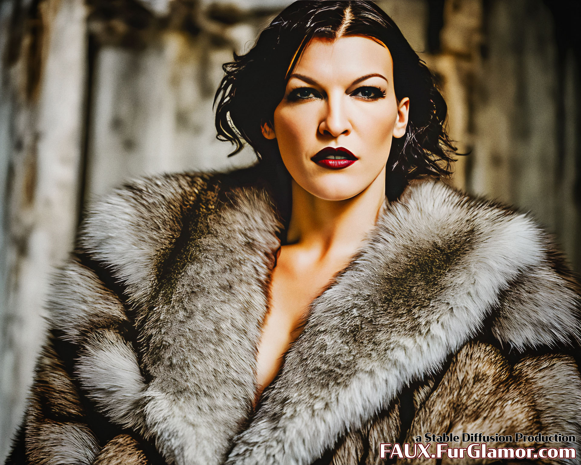 Stable Diffusion Render of Milla Jovovich Wearing a Fur Coat