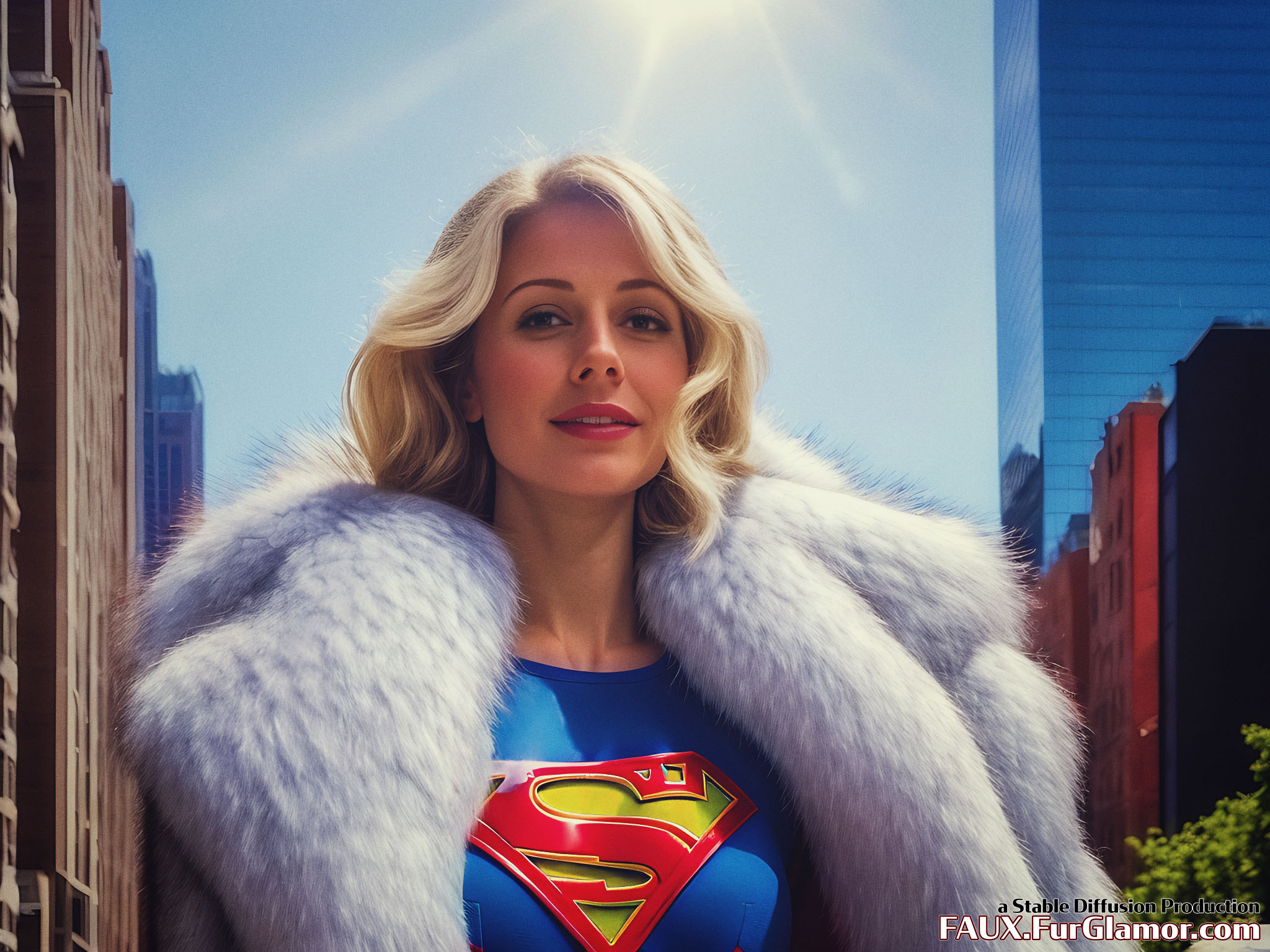 Stable Diffusion Render of Melissa Benoist as Supergirl in a Fur Coat