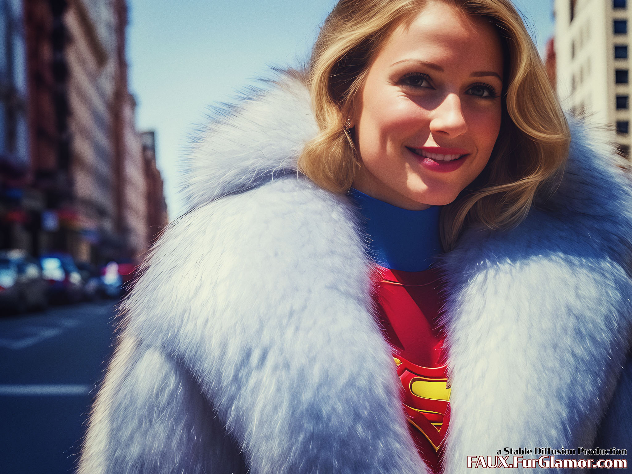Stable Diffusion Render of Melissa Benoist as Supergirl in a Fur Coat