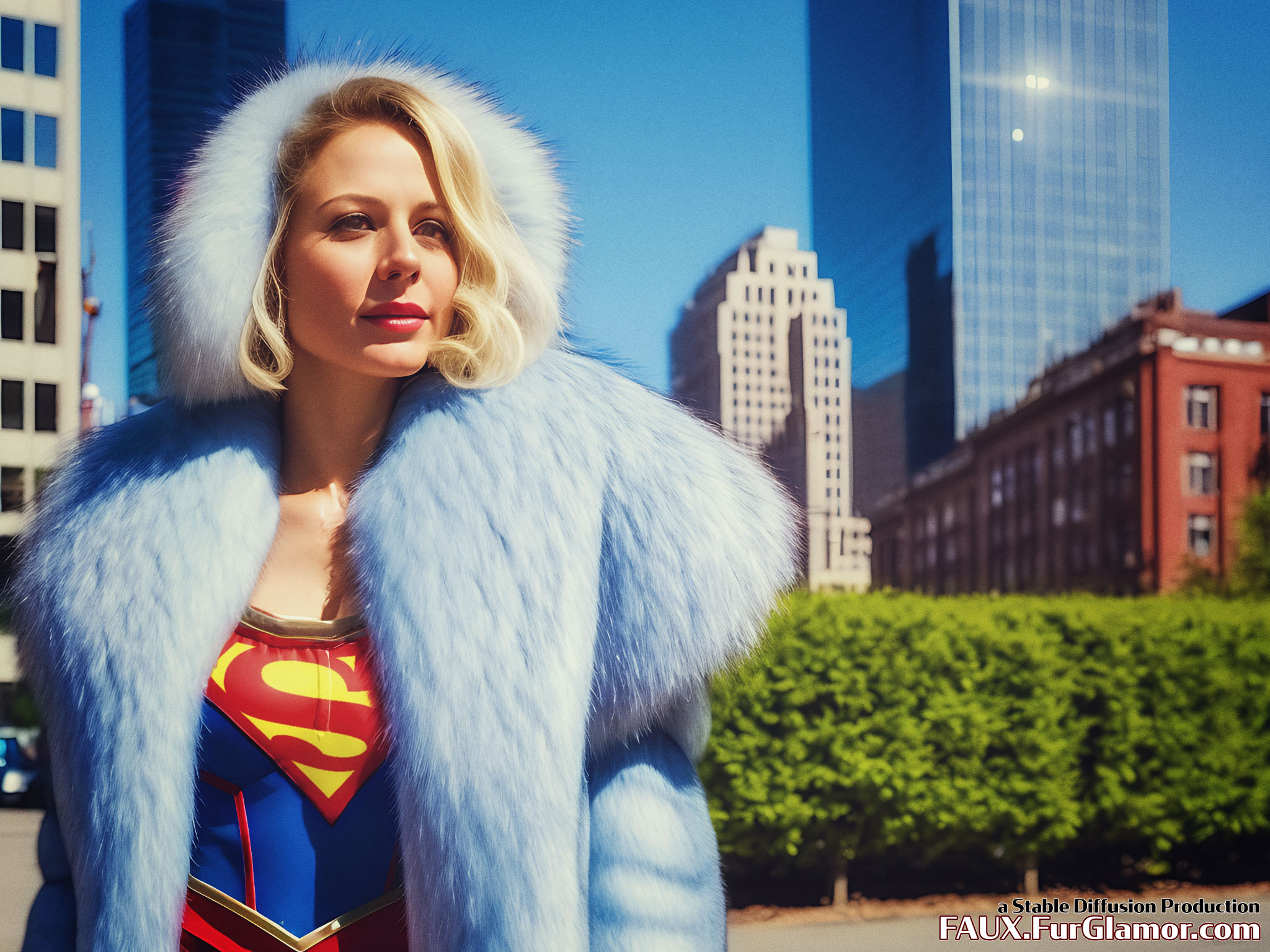 Stable Diffusion Render of Melissa Benoist as Supergirl in a Fur Coat