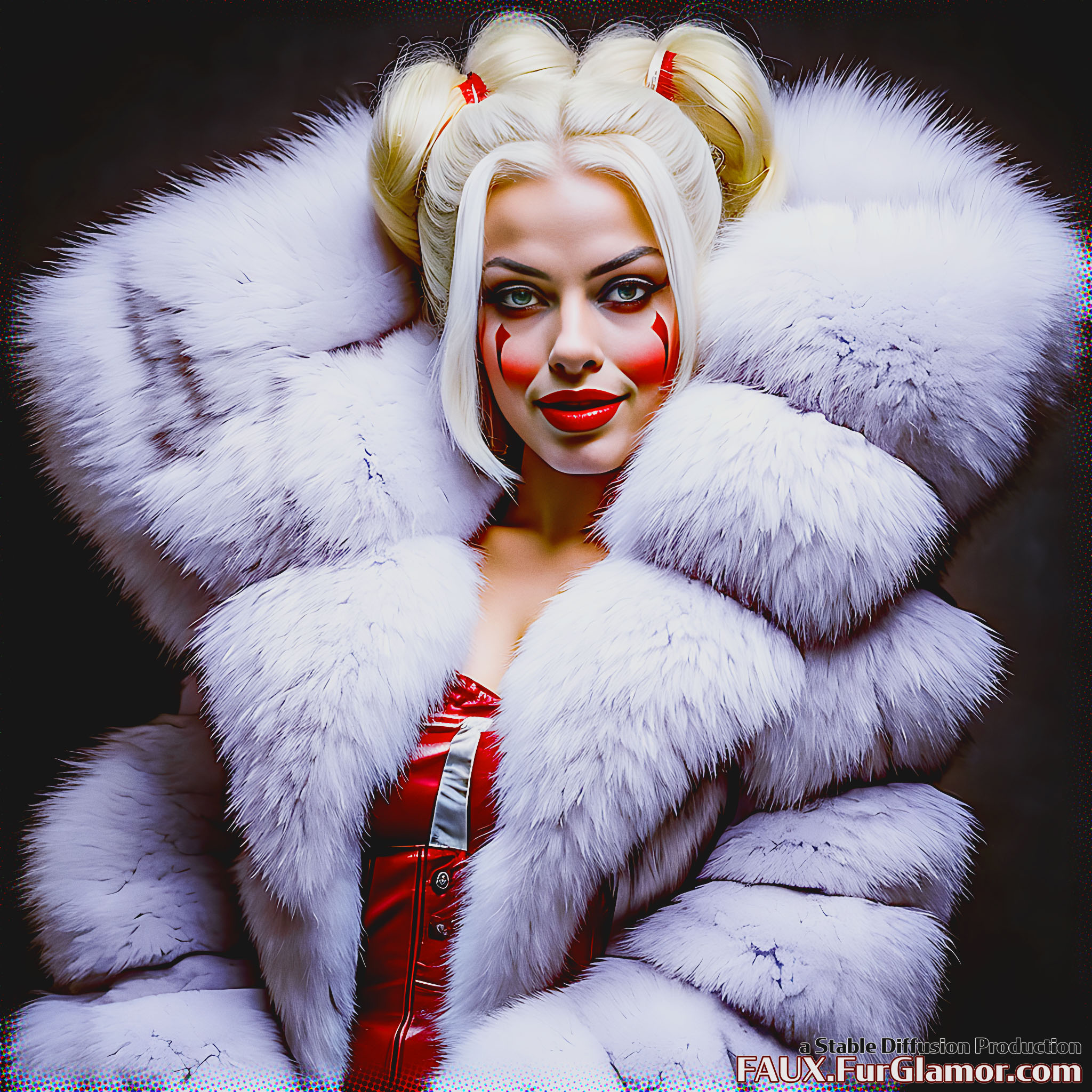 Stable Diffusion Render of Margot Robbie as Harley Quinn in a Fur Coat
