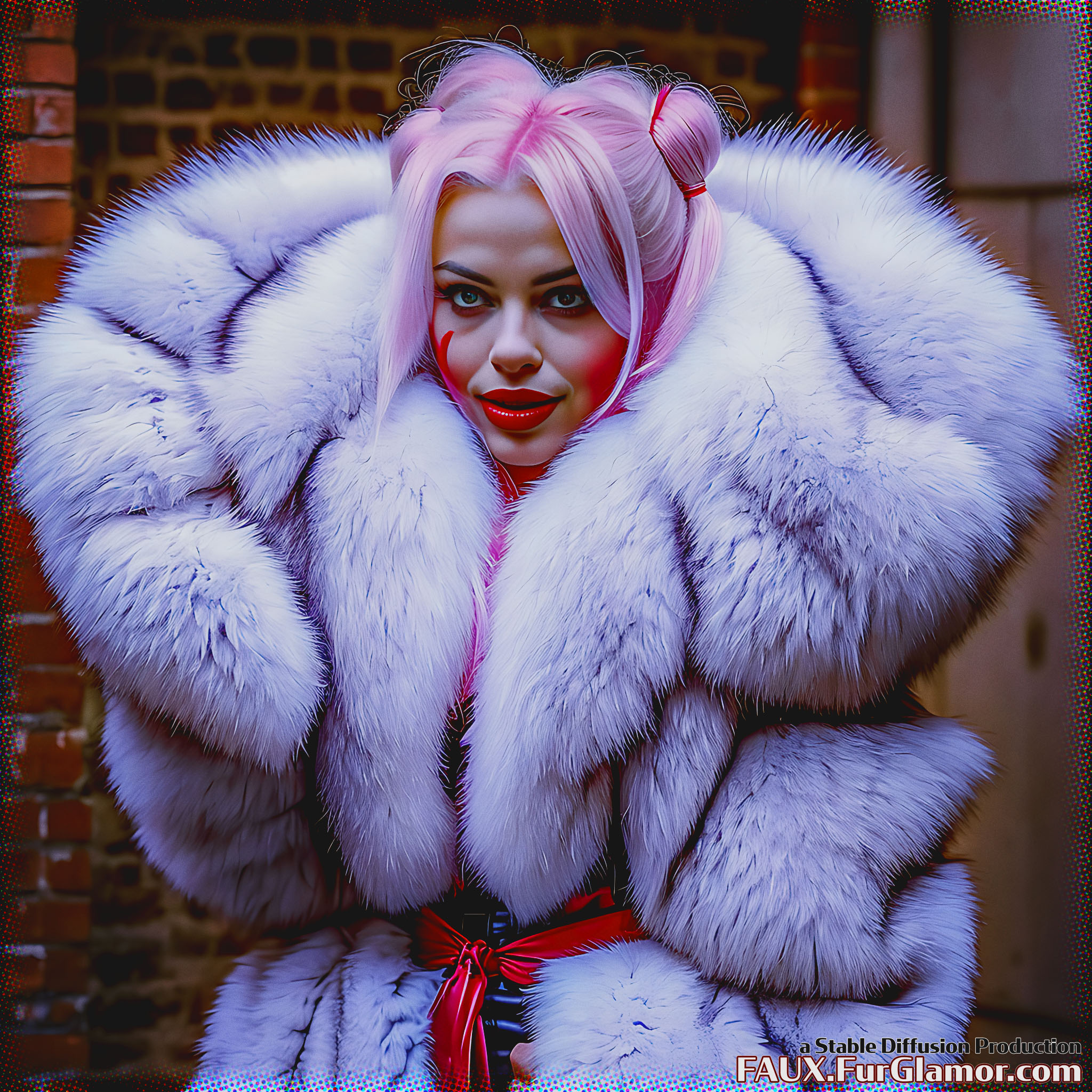 Stable Diffusion Render of Margot Robbie as Harley Quinn in a Fur Coat