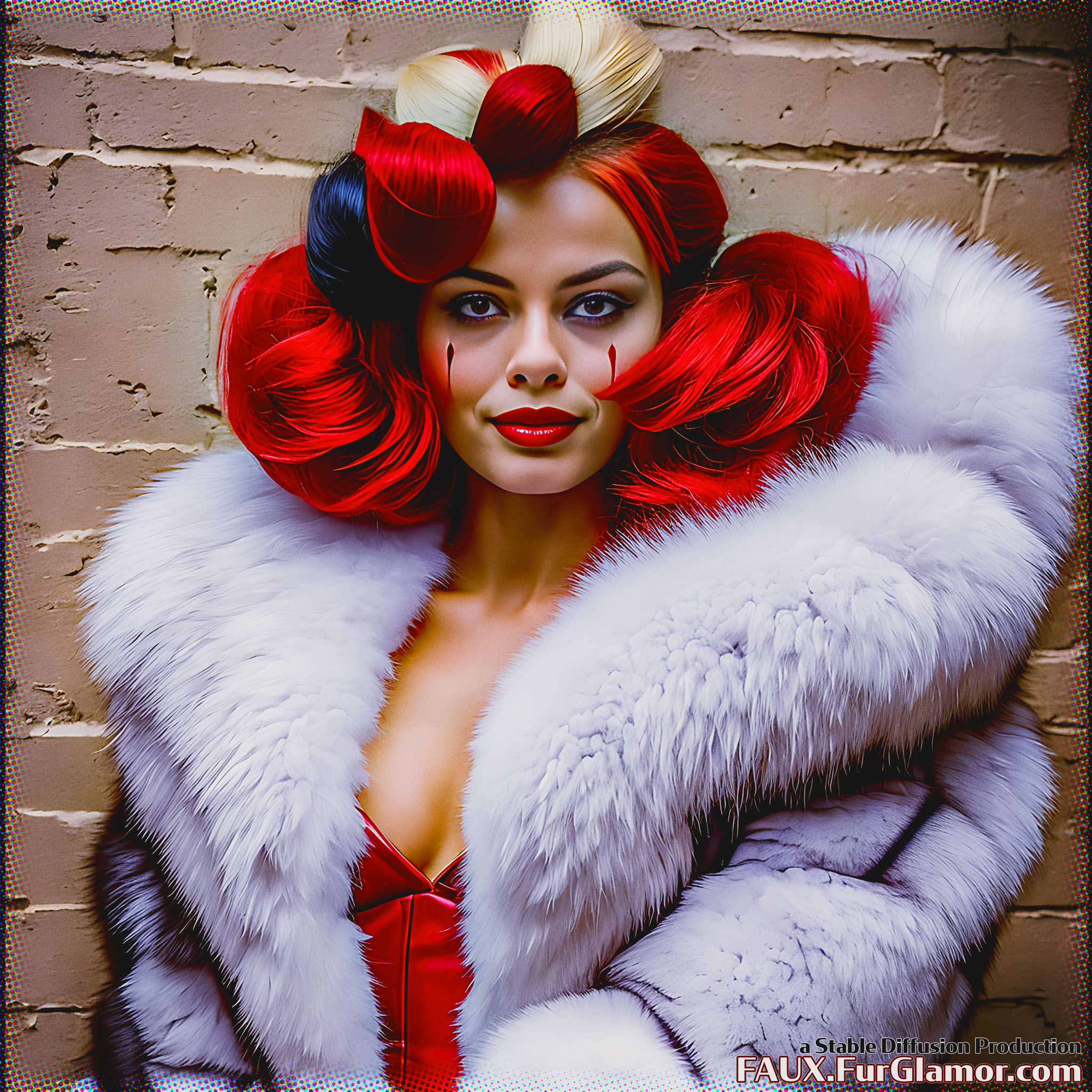 Stable Diffusion Render of Margot Robbie as Harley Quinn in a Fur Coat