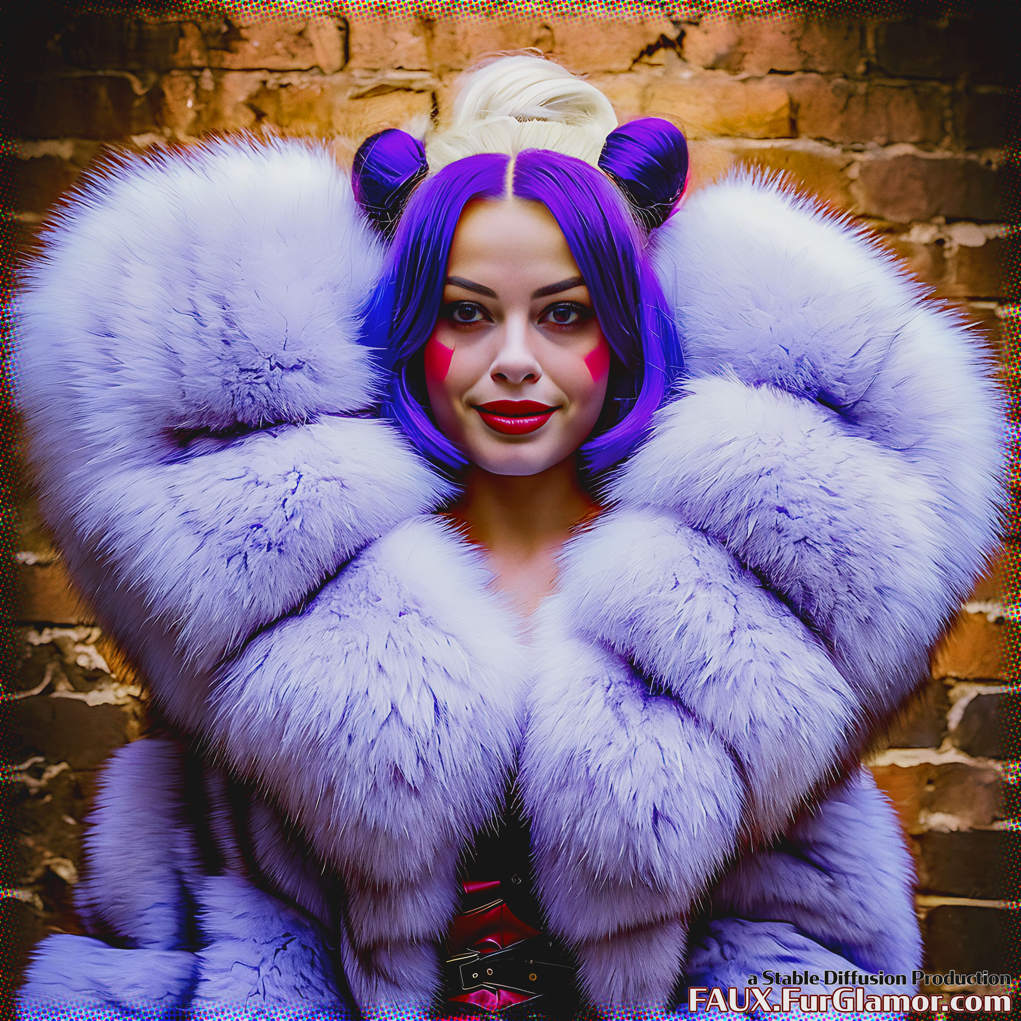 Stable Diffusion Render of Margot Robbie as Harley Quinn in a Fur Coat