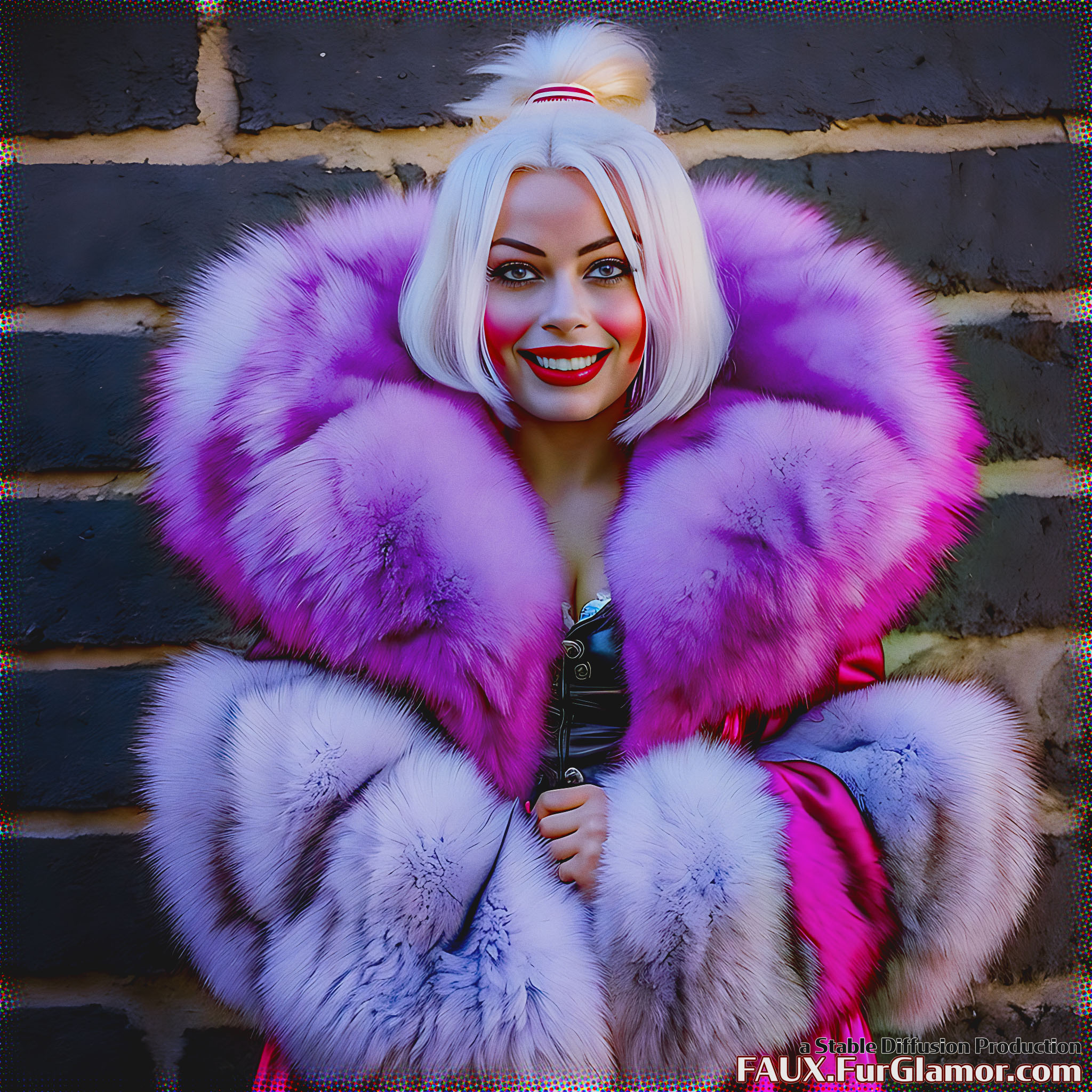 Stable Diffusion Render of Margot Robbie as Harley Quinn in a Fur Coat