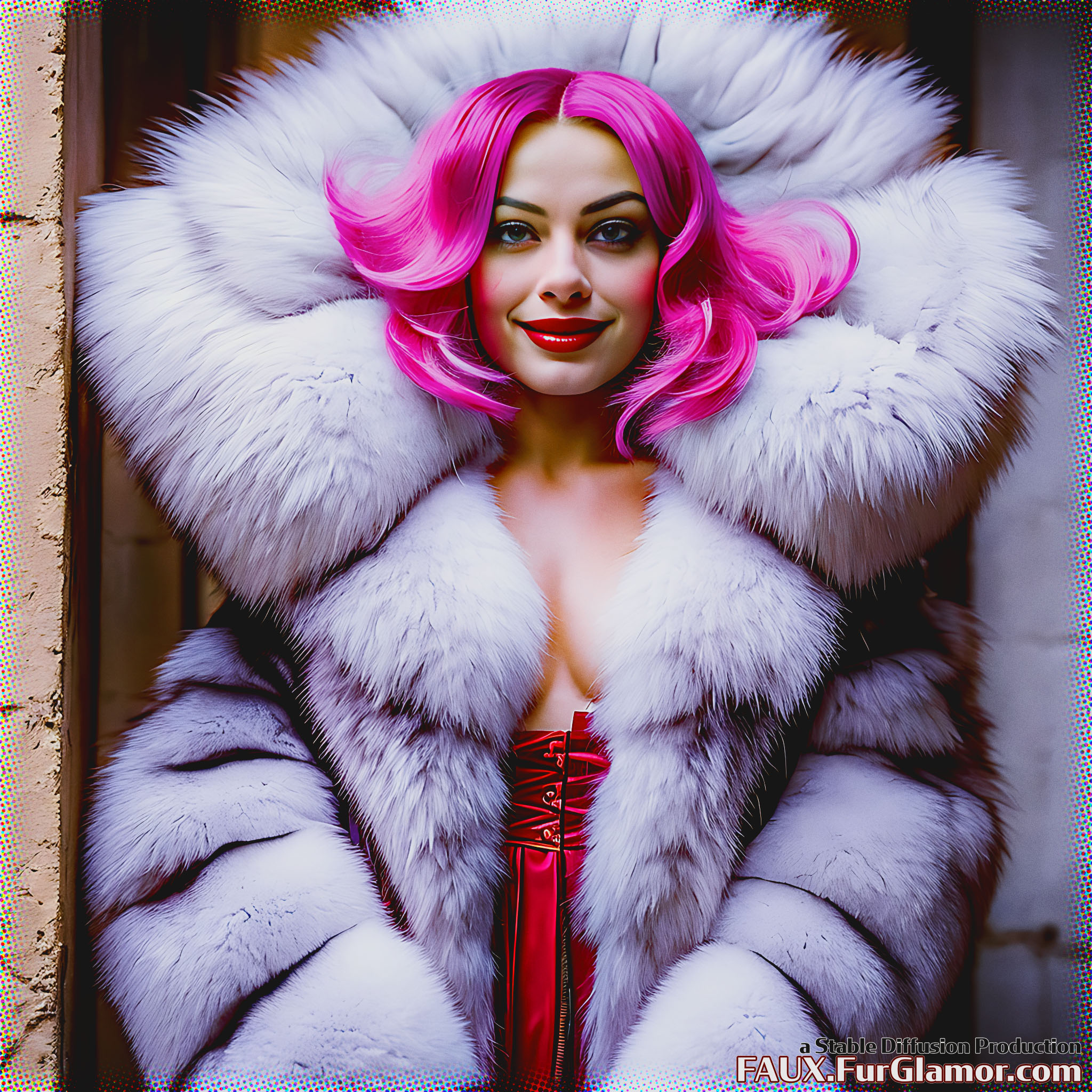 Stable Diffusion Render of Margot Robbie as Harley Quinn in a Fur Coat