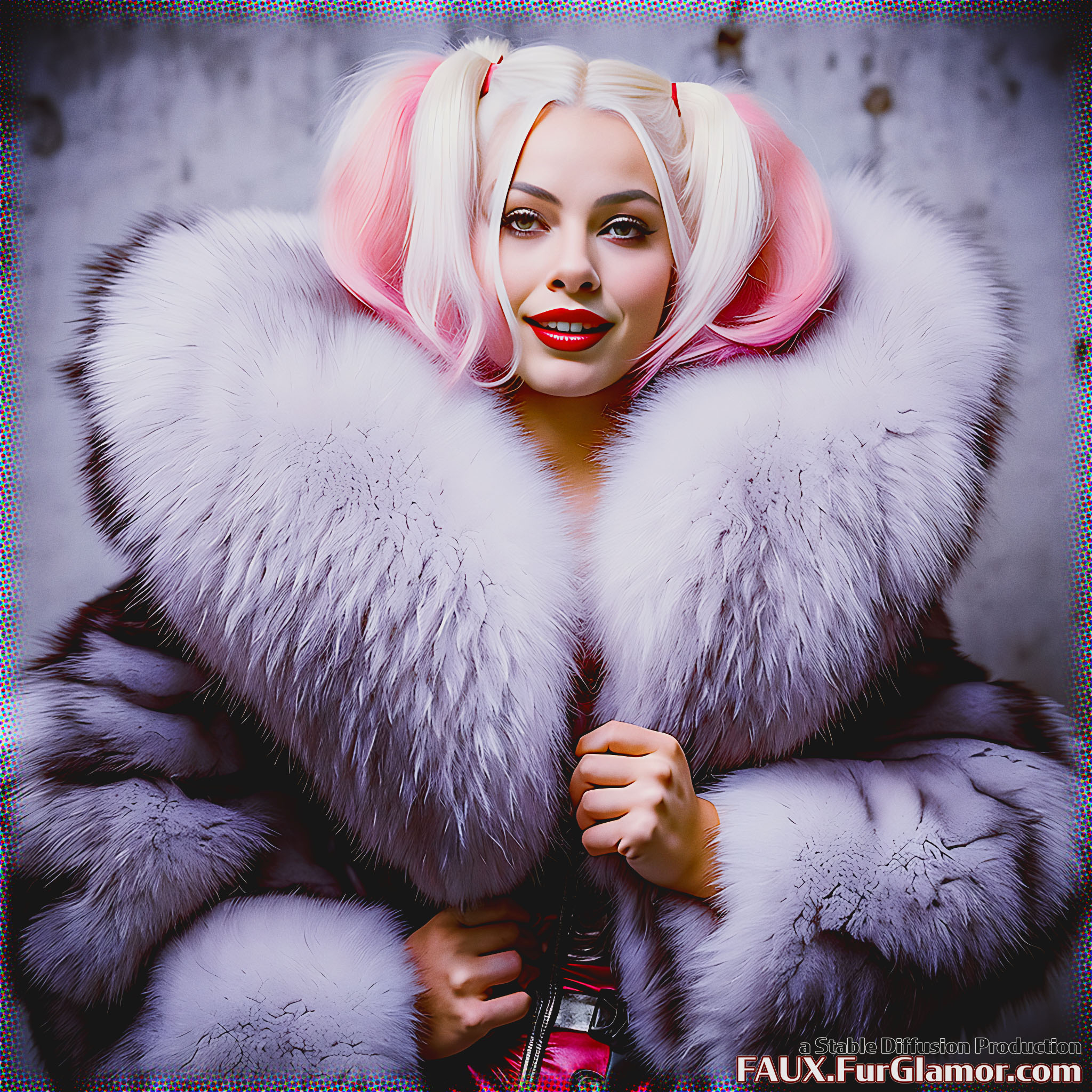 Stable Diffusion Render of Margot Robbie as Harley Quinn in a Fur Coat