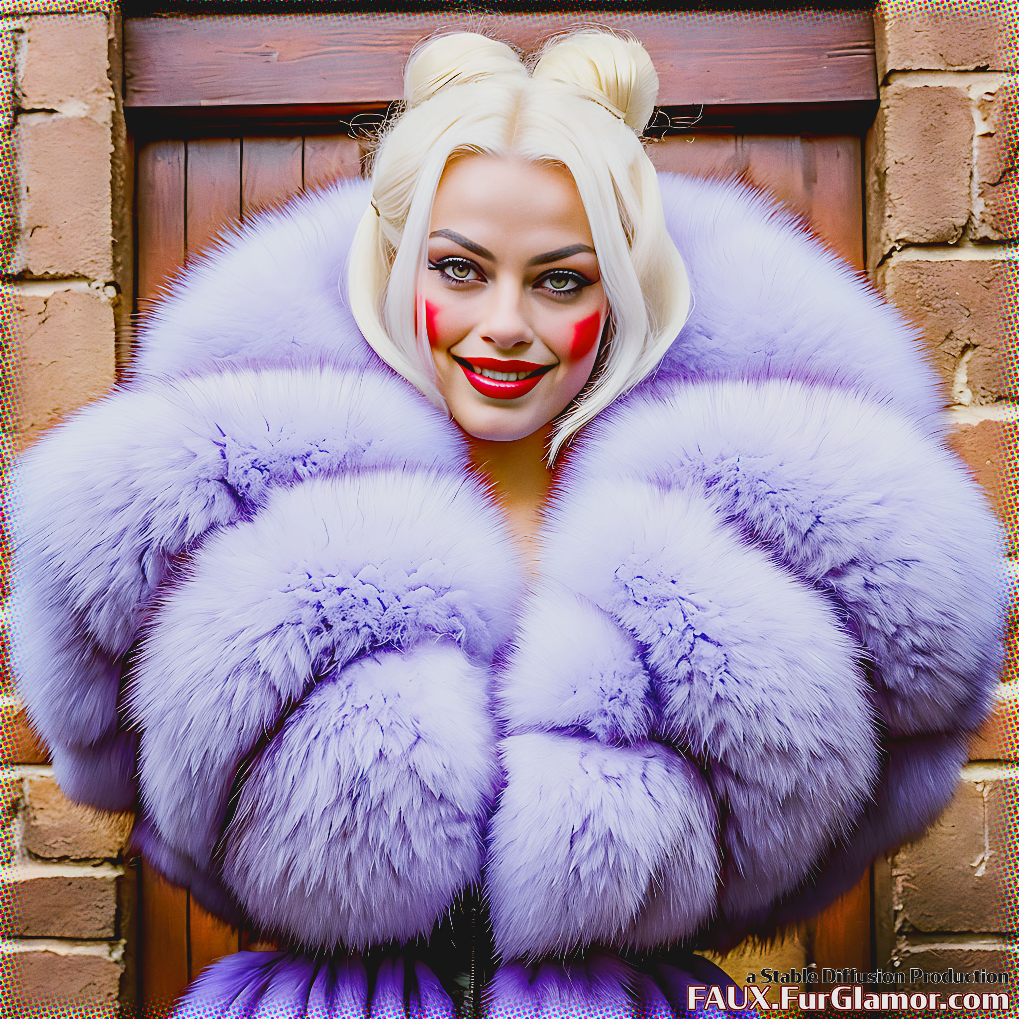 Stable Diffusion Render of Margot Robbie as Harley Quinn in a Fur Coat