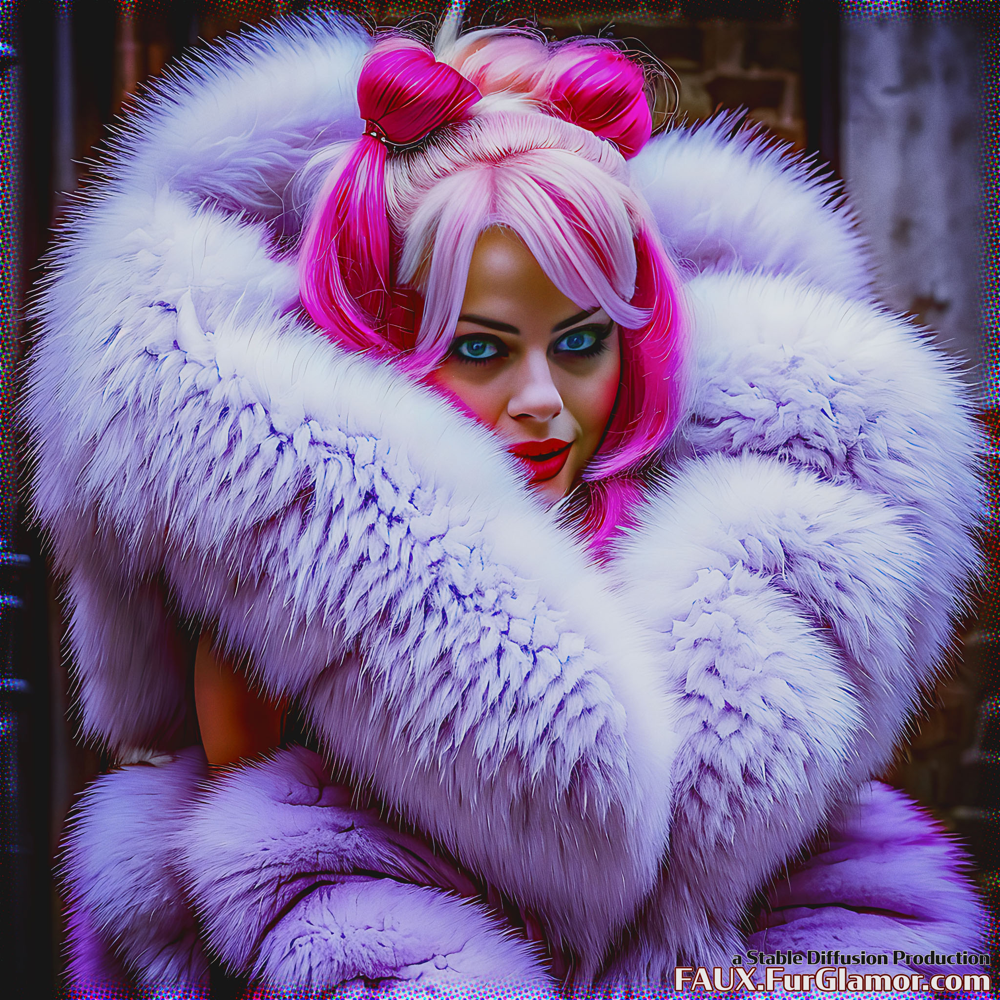 Stable Diffusion Render of Margot Robbie as Harley Quinn in a Fur Coat