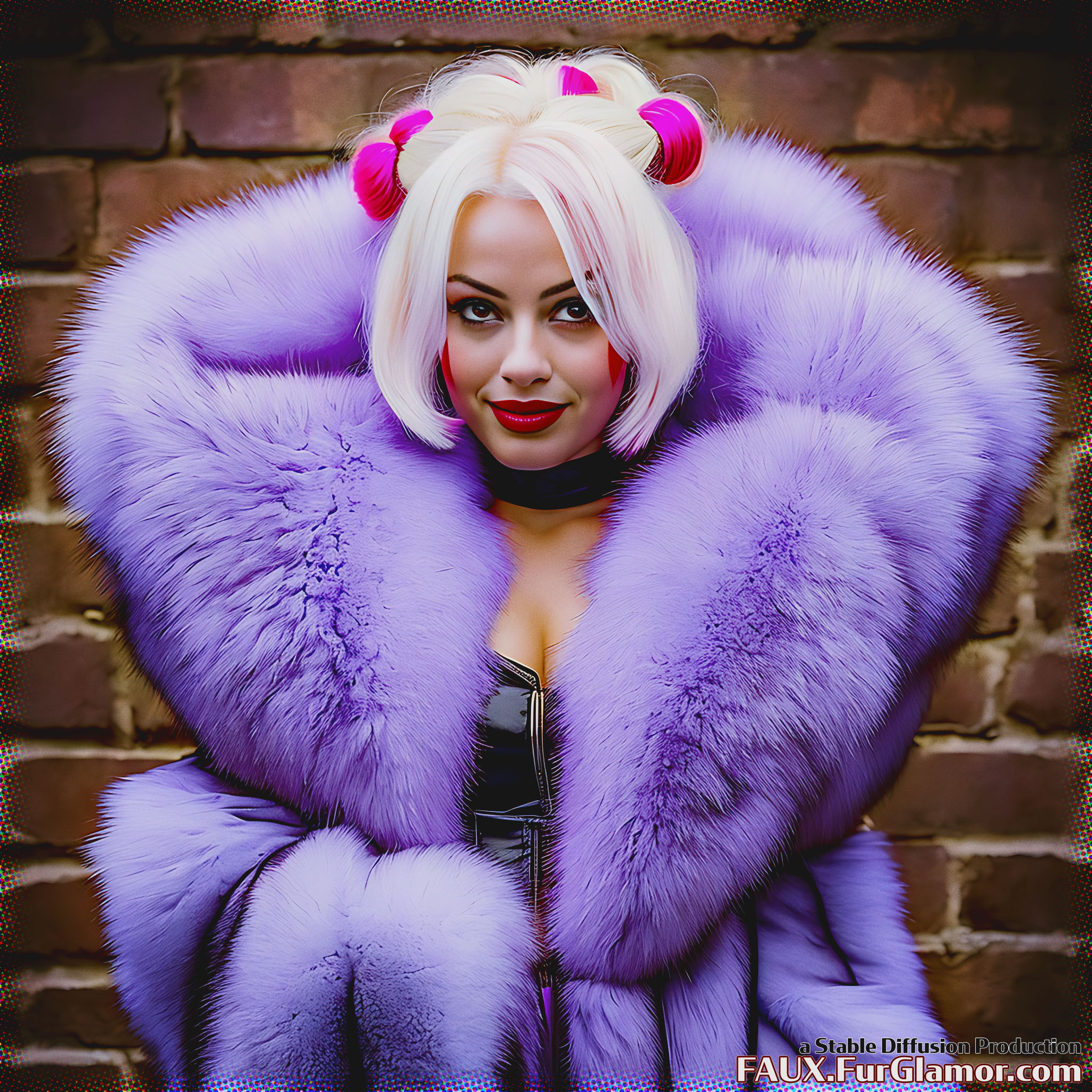 Stable Diffusion Render of Margot Robbie as Harley Quinn in a Fur Coat