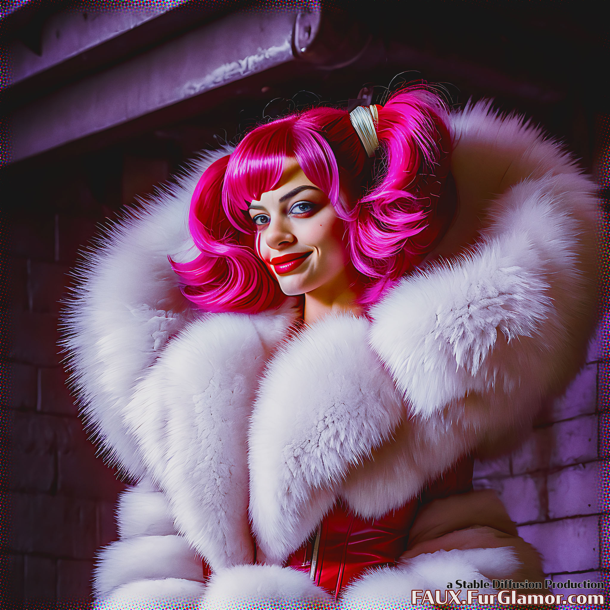 Stable Diffusion Render of Margot Robbie as Harley Quinn in a Fur Coat