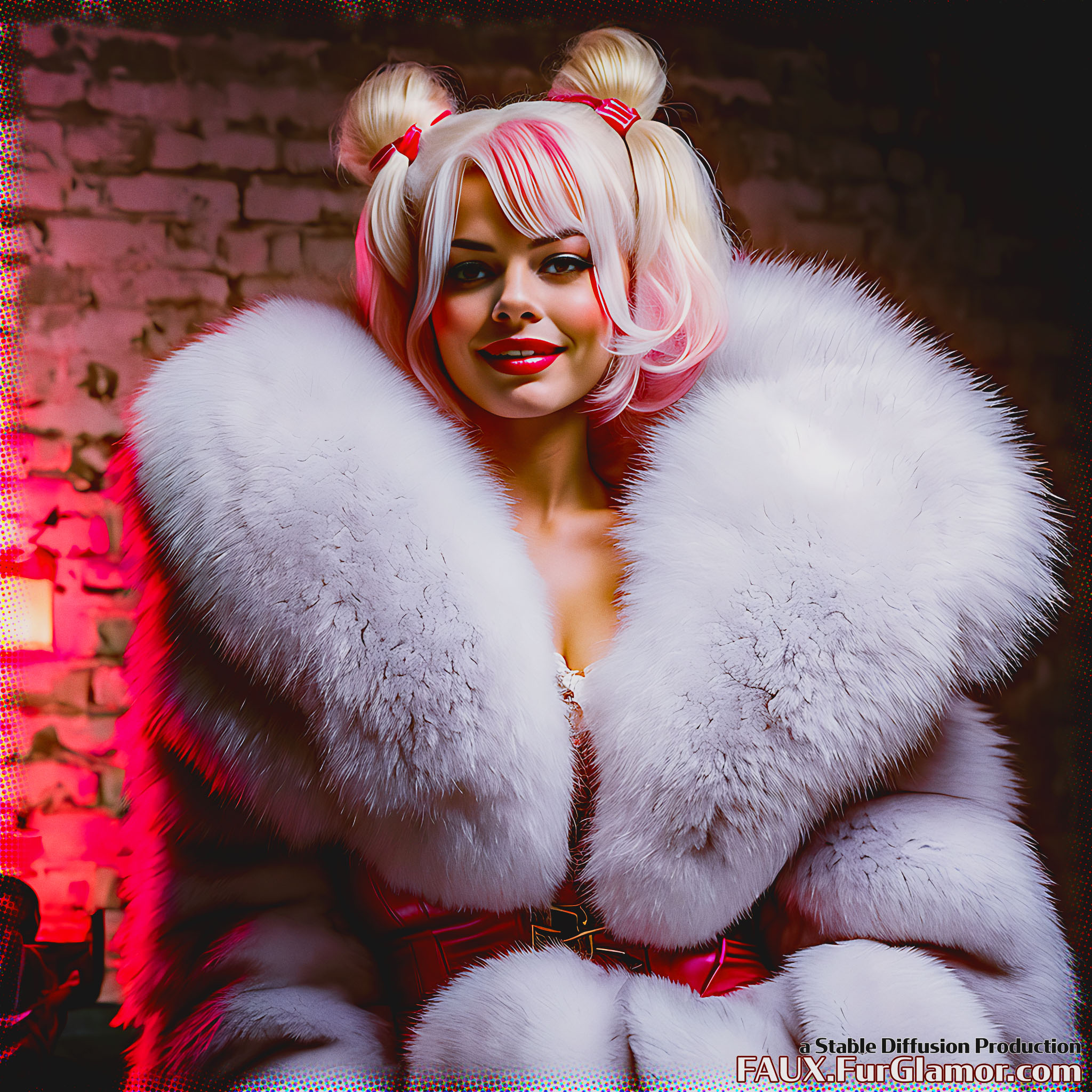 Stable Diffusion Render of Margot Robbie as Harley Quinn in a Fur Coat