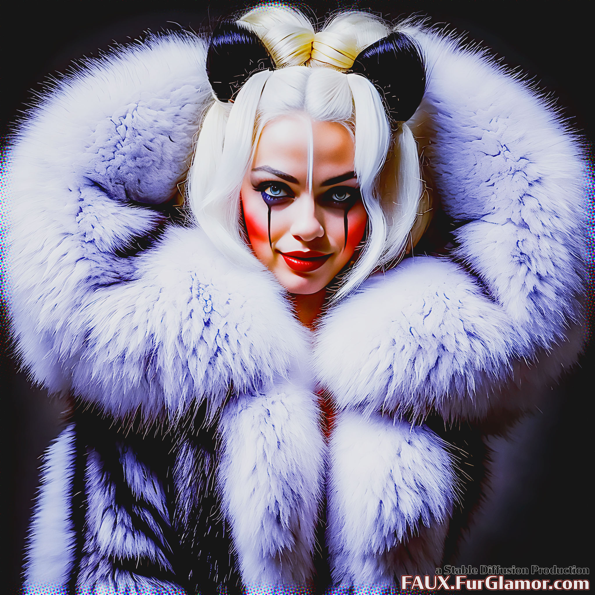Stable Diffusion Render of Margot Robbie as Harley Quinn in a Fur Coat