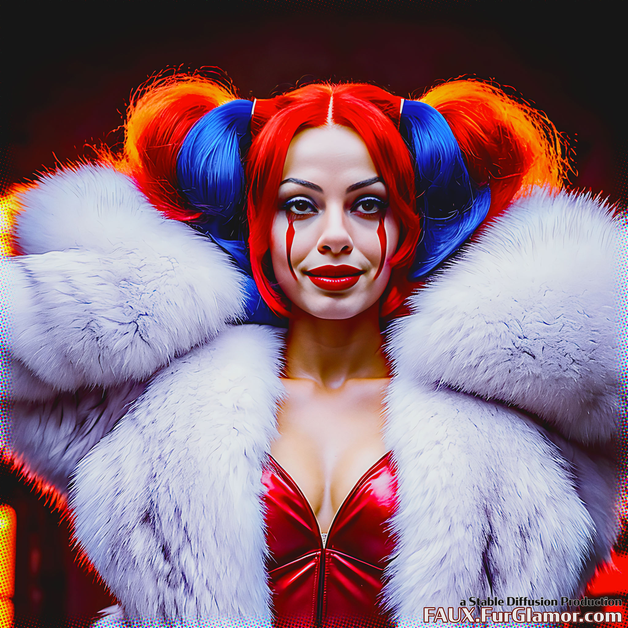 Stable Diffusion Render of Margot Robbie as Harley Quinn in a Fur Coat