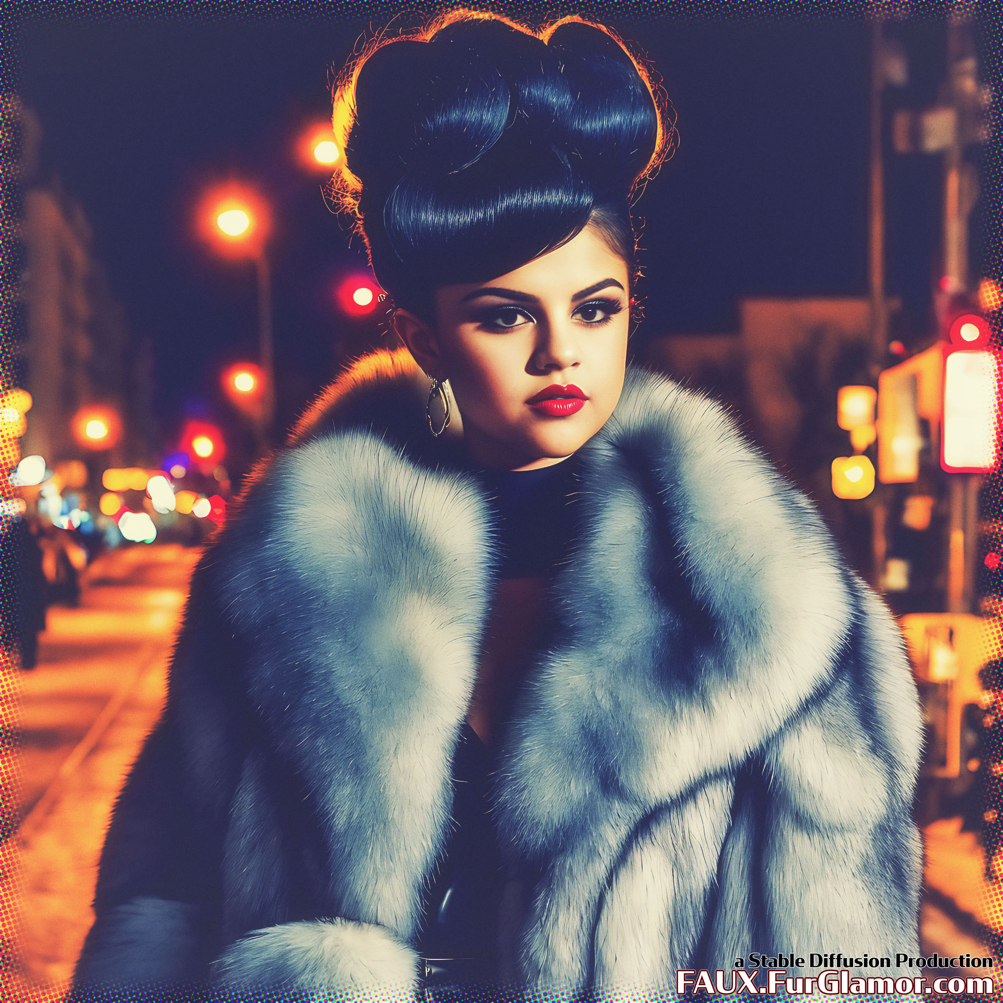 Stable Diffusion Render of Selena Gomez in a Fur Coat