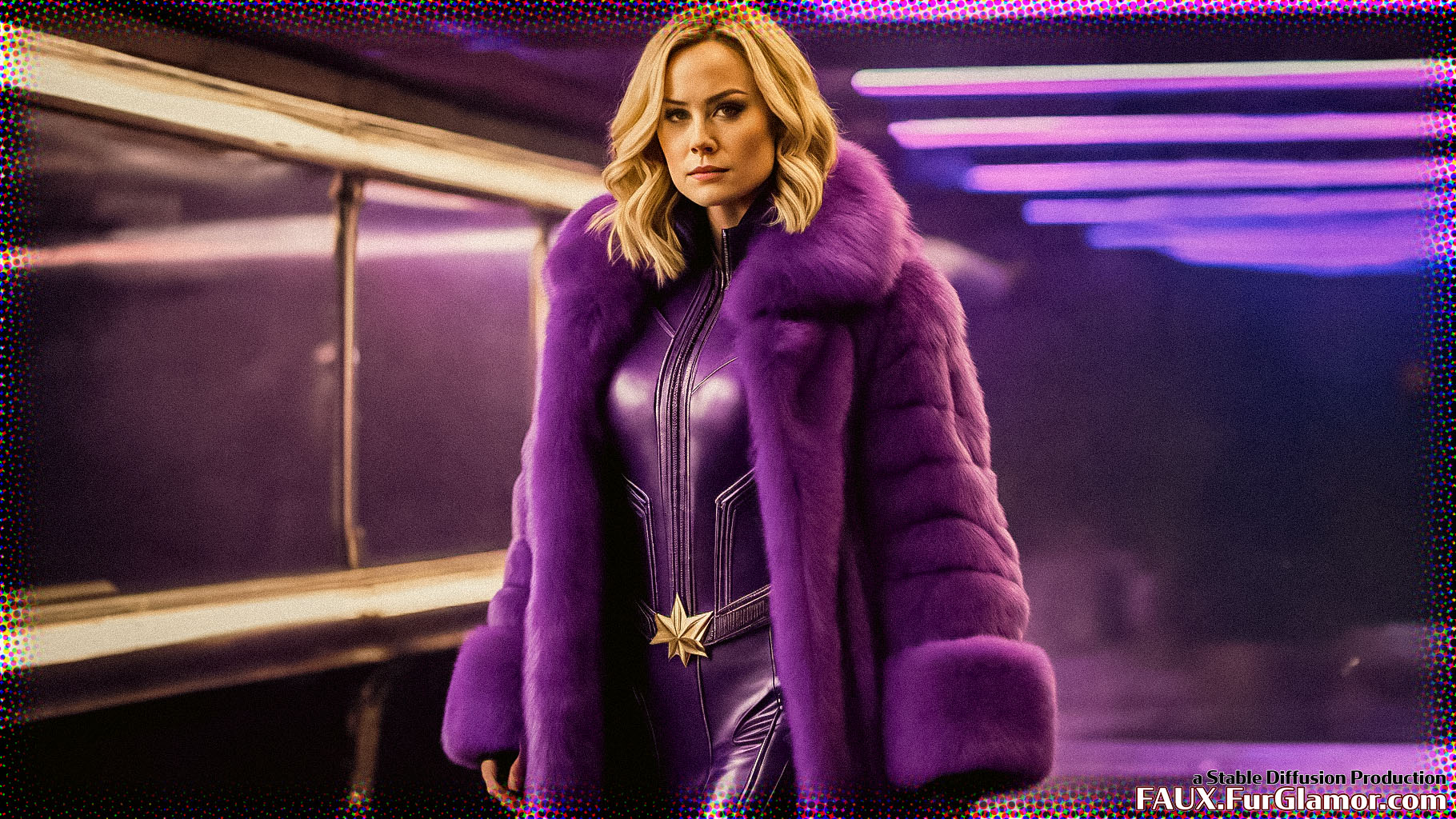 Stable Diffusion Render of Brie Larson as Captain Marvel in a Fur Coat