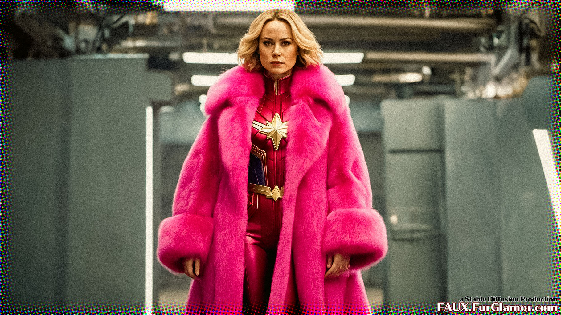 Stable Diffusion Render of Brie Larson as Captain Marvel in a Fur Coat