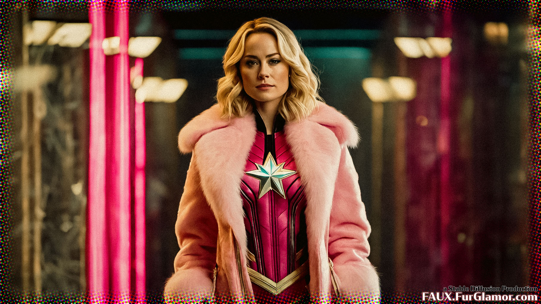 Stable Diffusion Render of Brie Larson as Captain Marvel in a Fur Coat