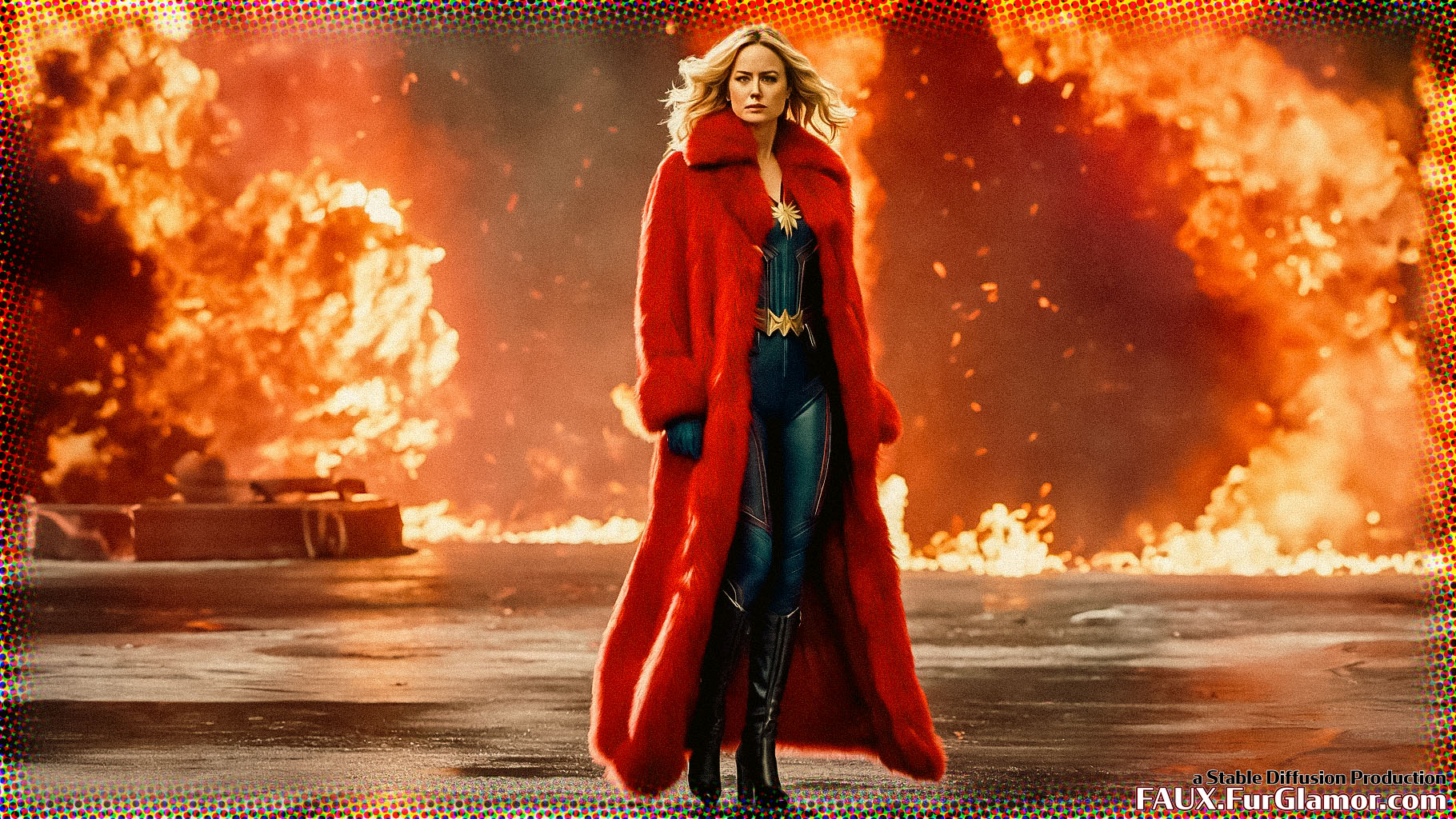 Stable Diffusion Render of Brie Larson as Captain Marvel in a Fur Coat