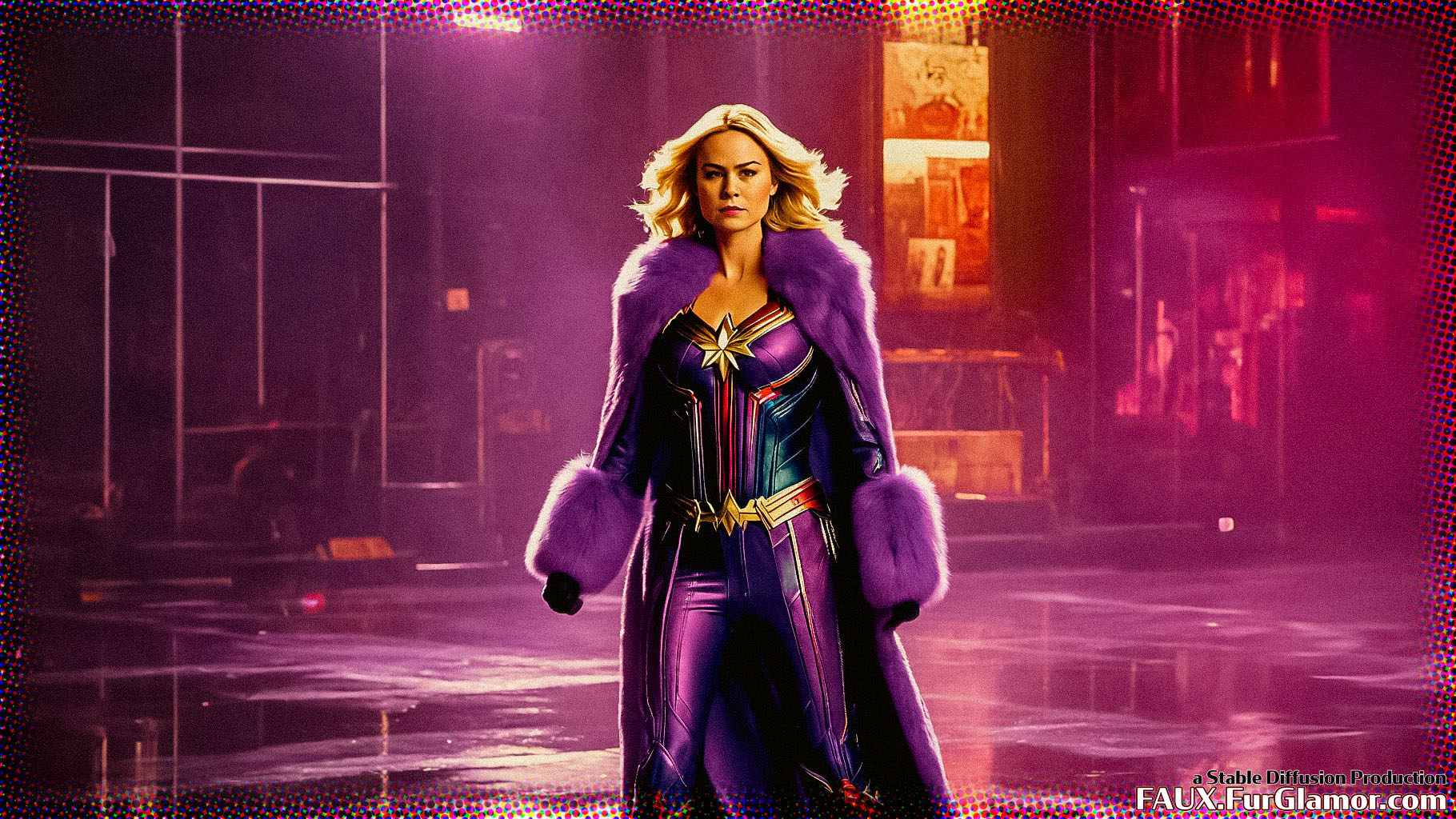 Stable Diffusion Render of Brie Larson as Captain Marvel in a Fur Coat
