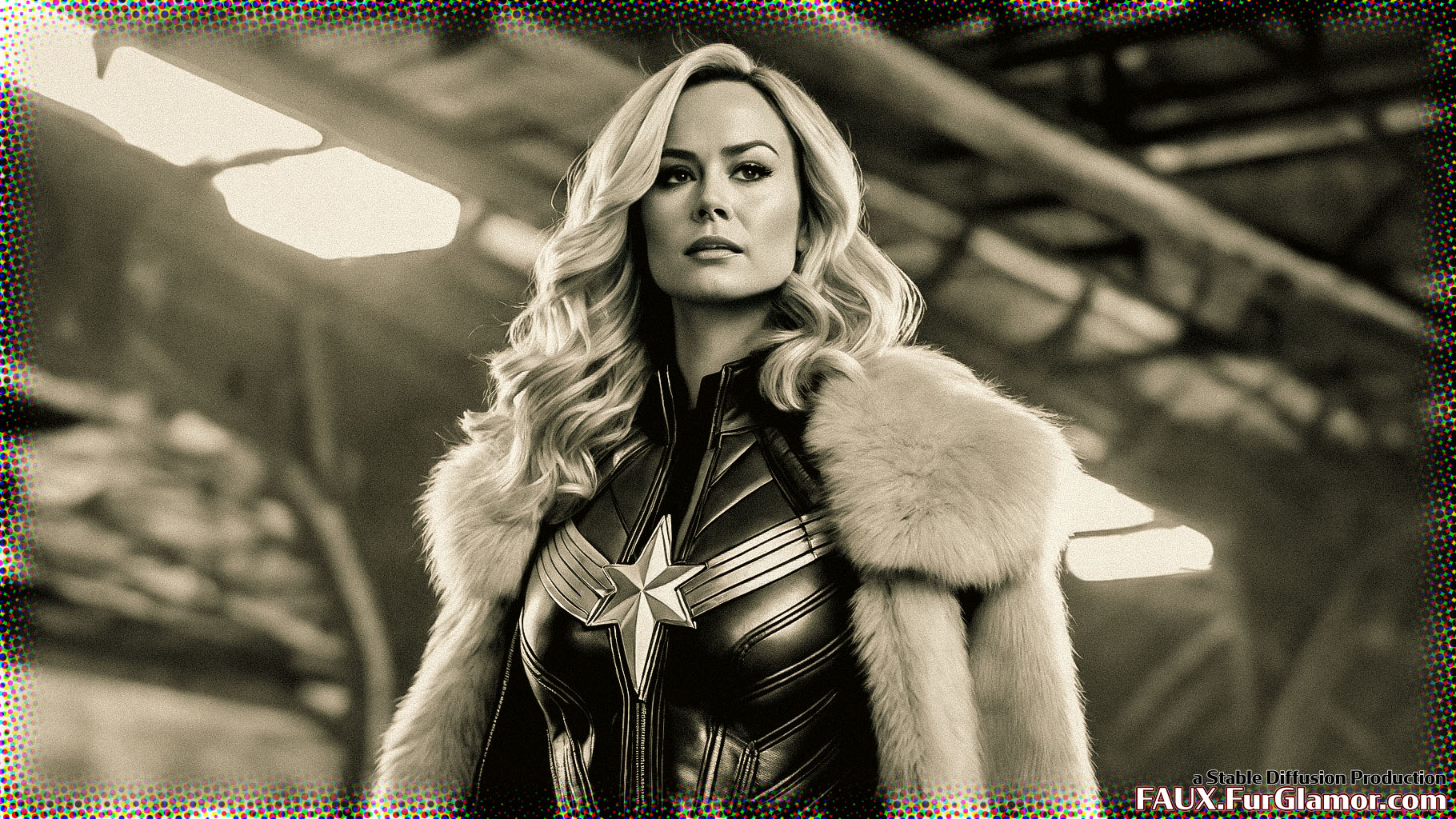 Stable Diffusion Render of Brie Larson as Captain Marvel in a Fur Coat