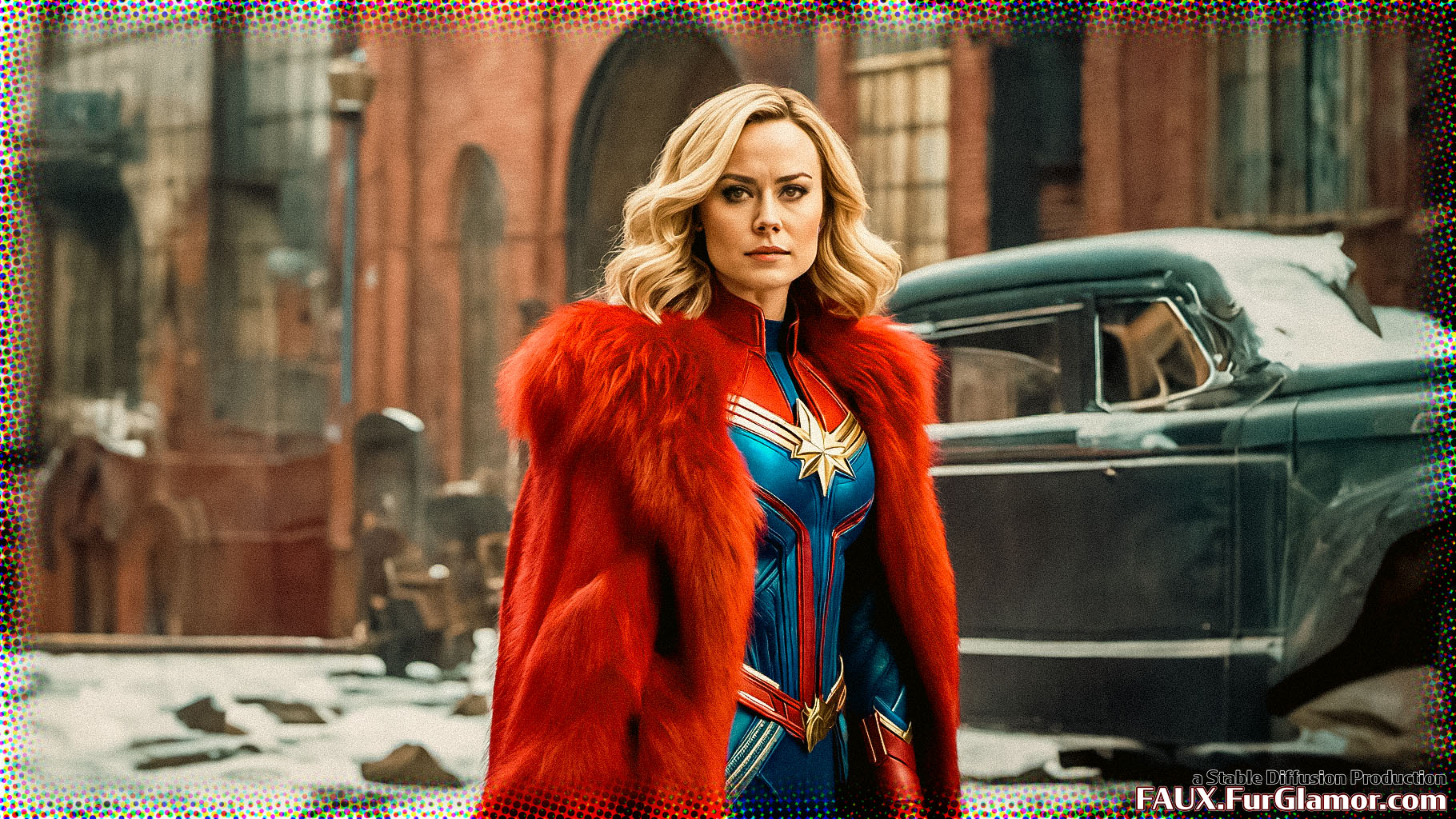 Stable Diffusion Render of Brie Larson as Captain Marvel in a Fur Coat